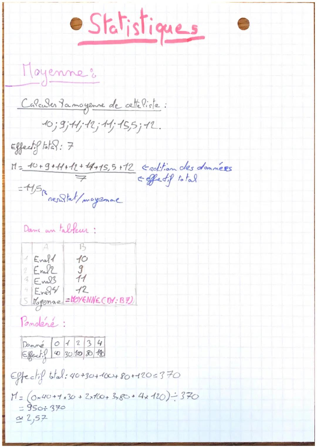 # Statistiques

Moyenne?

Calculer Pamoyenne de cette liste:

10; 9; 11; 12; 11; 15,5; 12.

Effectif total: 7

M=$1\frac{10+9+11+12+14+15,5+