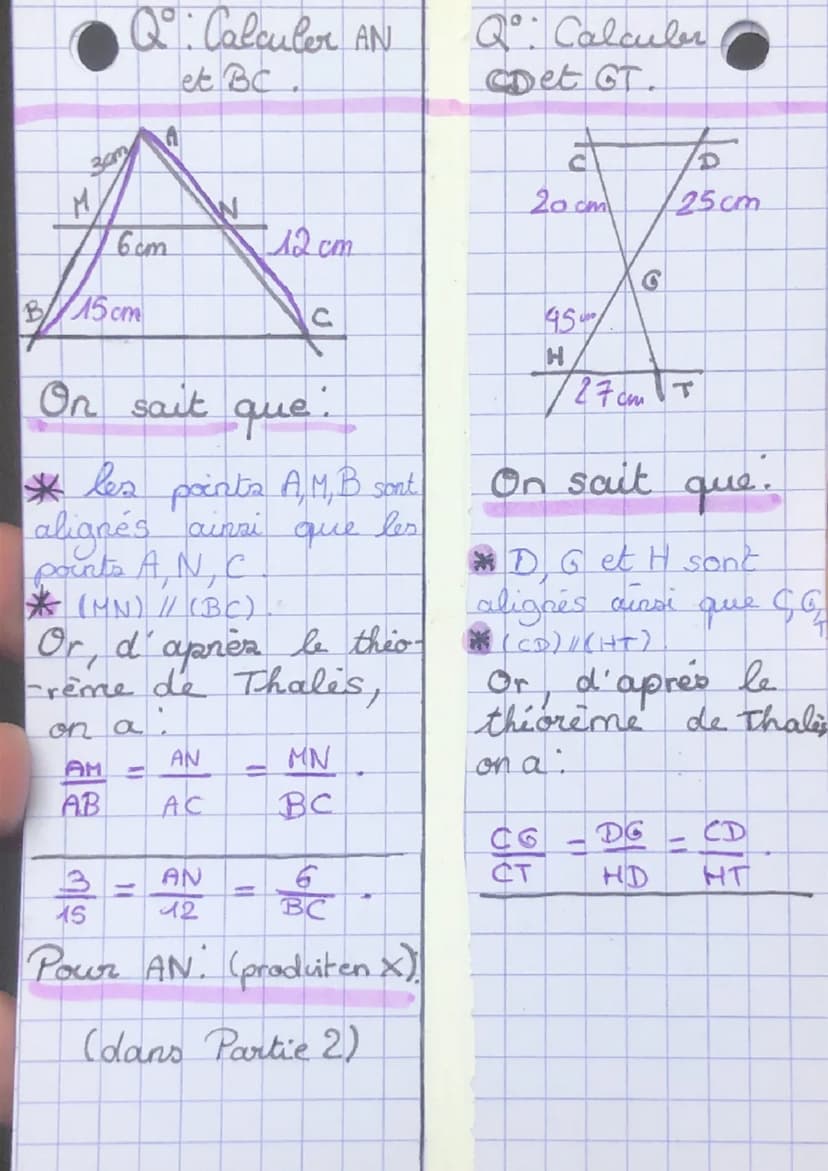 Dans les figures suivantes
A
B
Theorême de Thales : Part 1:
alors
AM
AB
-
C
B
Si * les points A, M, B sont
alignes ainsi que A, N, C.
* (MN)
