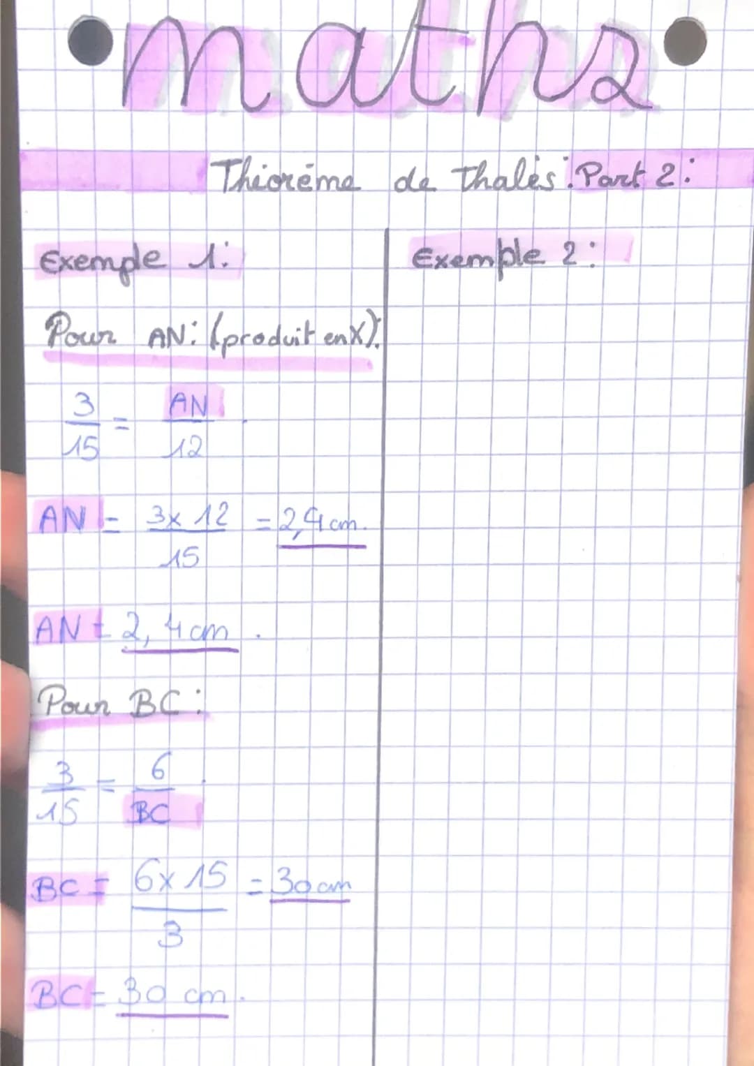 Dans les figures suivantes
A
B
Theorême de Thales : Part 1:
alors
AM
AB
-
C
B
Si * les points A, M, B sont
alignes ainsi que A, N, C.
* (MN)