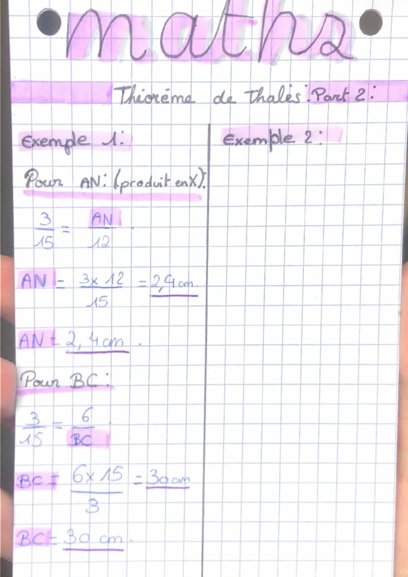 Dans les figures suivantes
A
B
Theorême de Thales : Part 1:
alors
AM
AB
-
C
B
Si * les points A, M, B sont
alignes ainsi que A, N, C.
* (MN)
