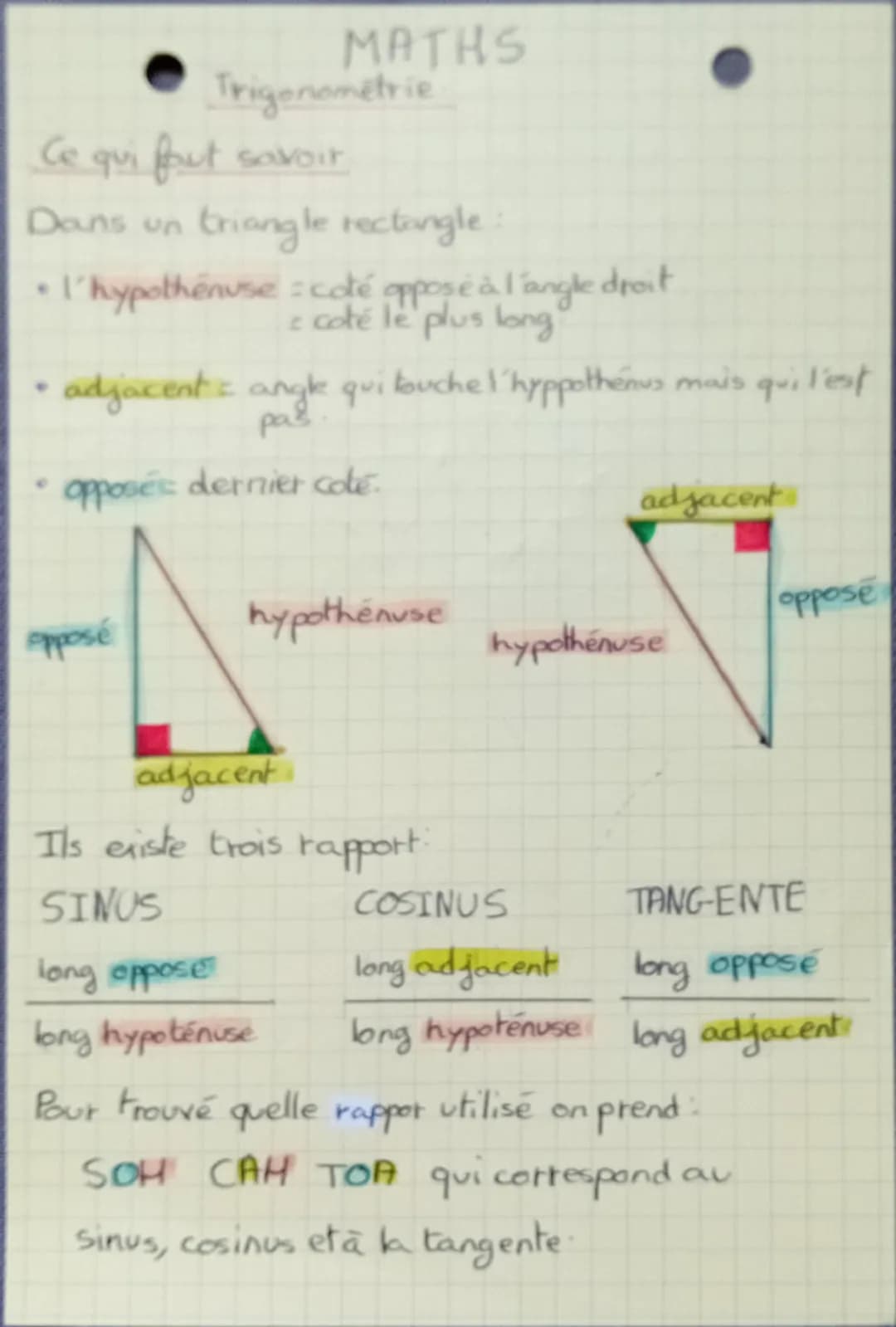 # MATHS
Trigonometrie
Ce qui fout savoir
Dans un triangle rectangle:
• l'hypothénuse = coté opposé à l'angle droit
: coté le plus long
• adj