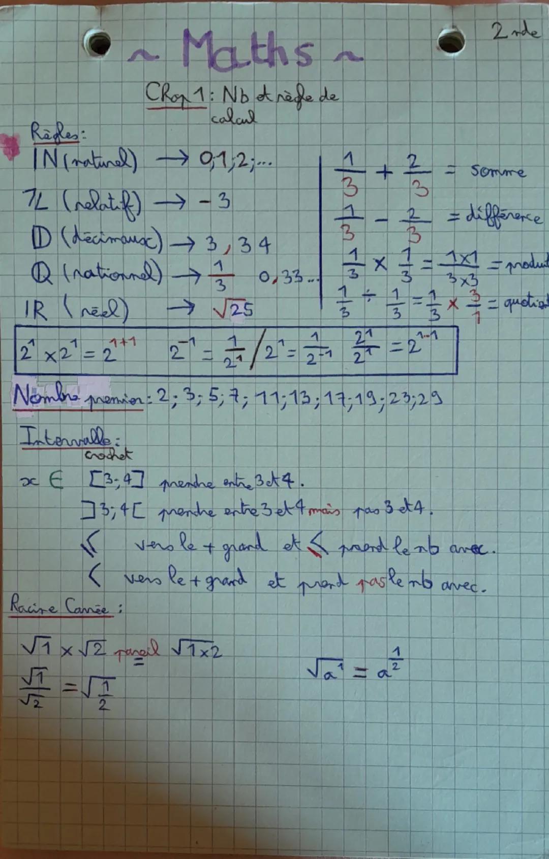 # Maths ~
Chap 1: Nb et règle de
calcul
Règles:
$\mathbb{N}$ (naturel) $\rightarrow$ 0,1,2,...
$\mathbb{Z}$ (relatif) $\rightarrow$ -3
$\mat
