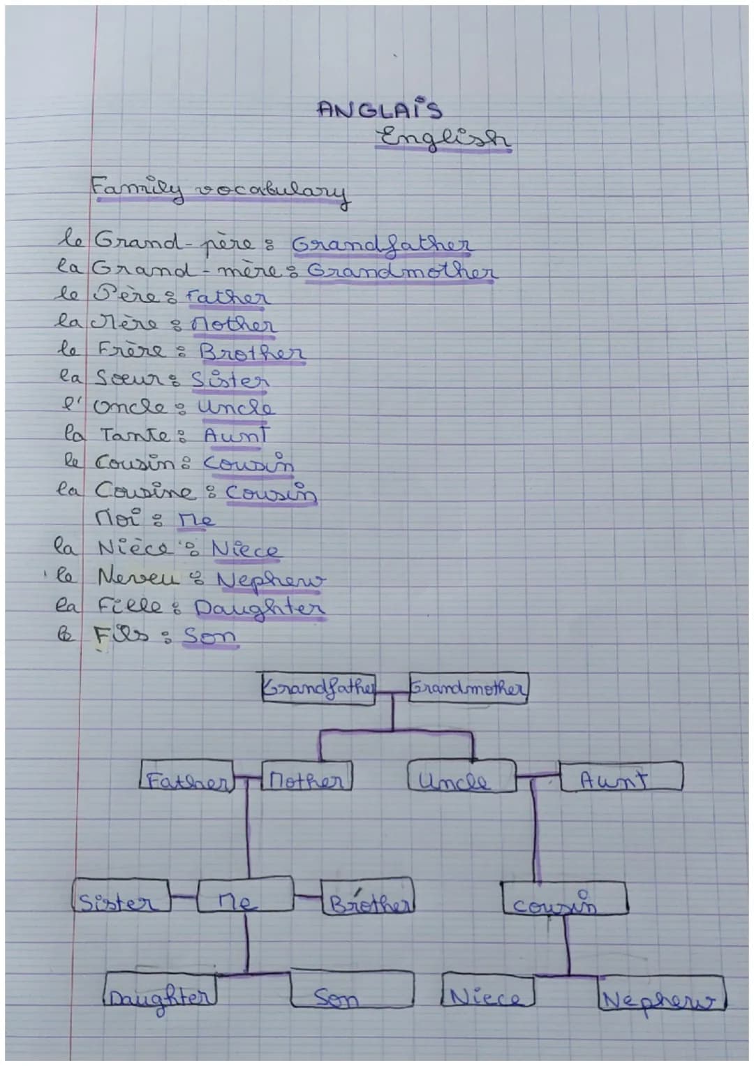 Family vocabulary
le Grand-père : Grandfather
la Grand-mère: Grandmother
le Père & father
la crère & Nother
le Frère : Brother
la Soeur & Si