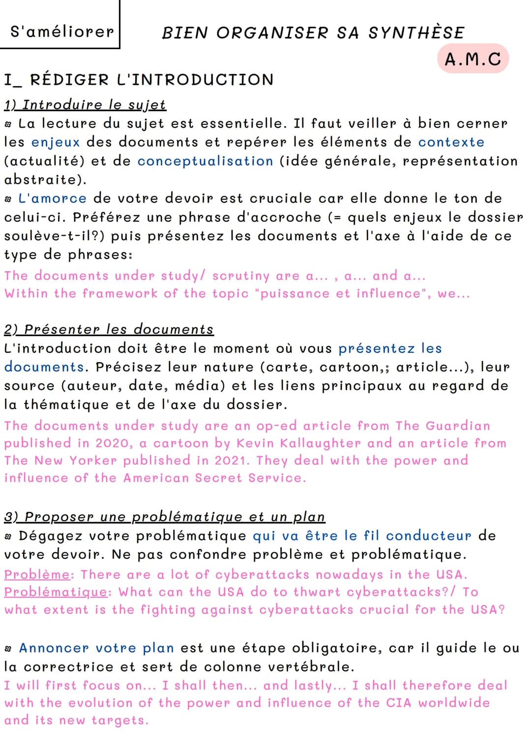 S'améliorer
BIEN ORGANISER SA SYNTHÈSE
A.M.C
I_ RÉDIGER L'INTRODUCTION
1) Introduire le sujet
La lecture du sujet est essentielle. Il faut v