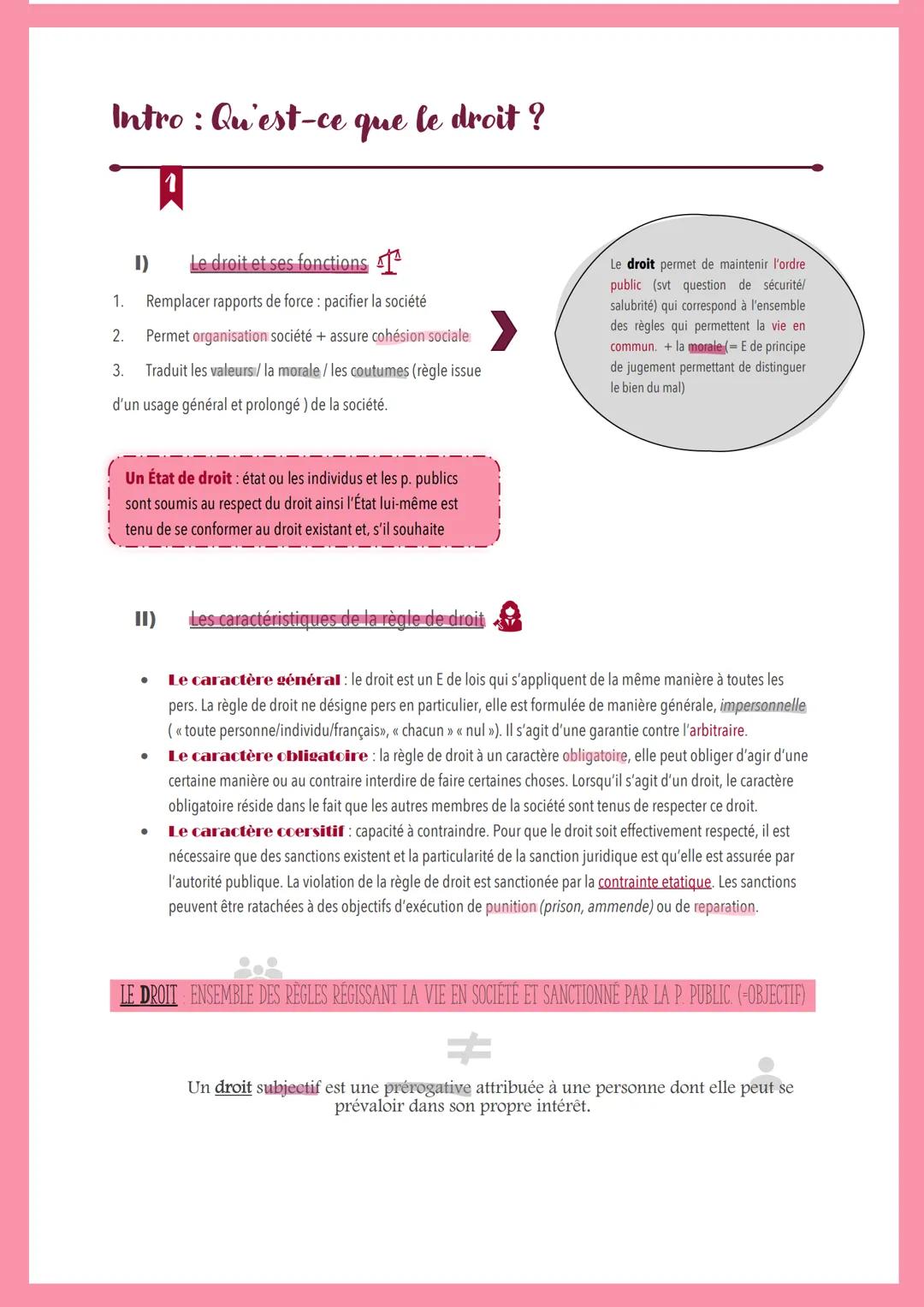 # Intro: Qu'est-ce que le droit?

A

1) Le droit et ses fonctions

1. Remplacer rapports de force: pacifier la société

2. Permet organisati