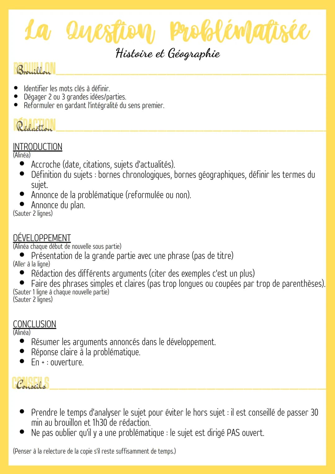 La Question problématisée
Histoire et Géographie
BALLON
Identifier les mots clés à définir.
• Dégager 2 ou 3 grandes idées/parties.
• Reform