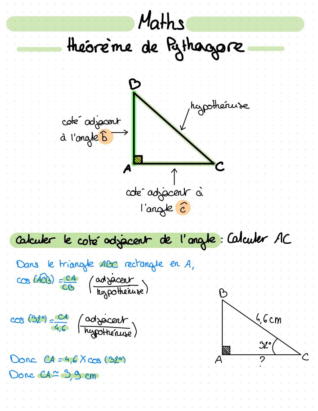 Maths
theoreme de Pythagore
cate adjacent
à l'angle b
CB
Calculer le coté adjacent de l'angle: Calculer AC
Dans le triangle ABC rectangle en