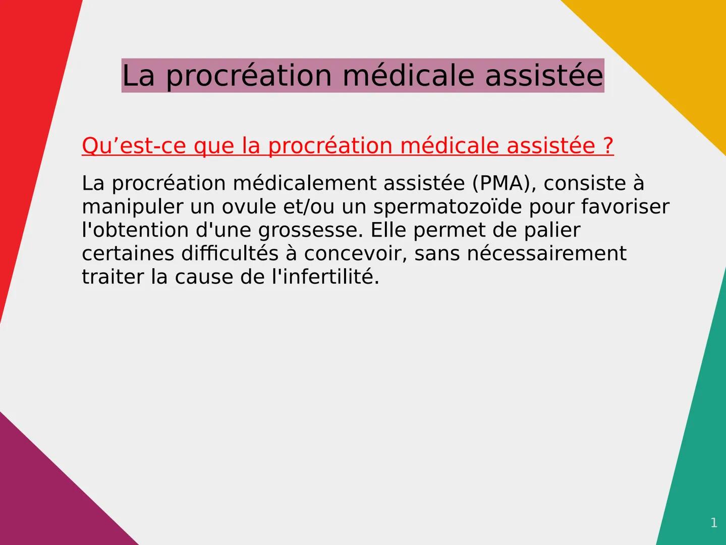 # La procréation médicale assistée

Qu'est-ce que la procréation médicale assistée ?

La procréation médicalement assistée (PMA), consiste à