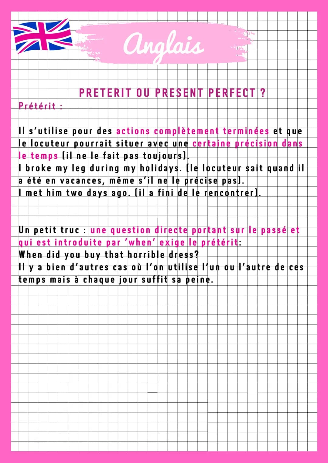 Anglais
PRETERIT OU PRESENT PERFECT?
Introduction:
Le parfait (present perfect) ou le prétérit (preterite) sont
des temps d'un emploi diffic