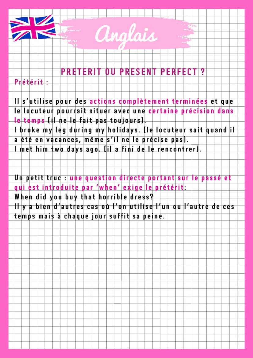 Anglais
PRETERIT OU PRESENT PERFECT?
Introduction:
Le parfait (present perfect) ou le prétérit (preterite) sont
des temps d'un emploi diffic