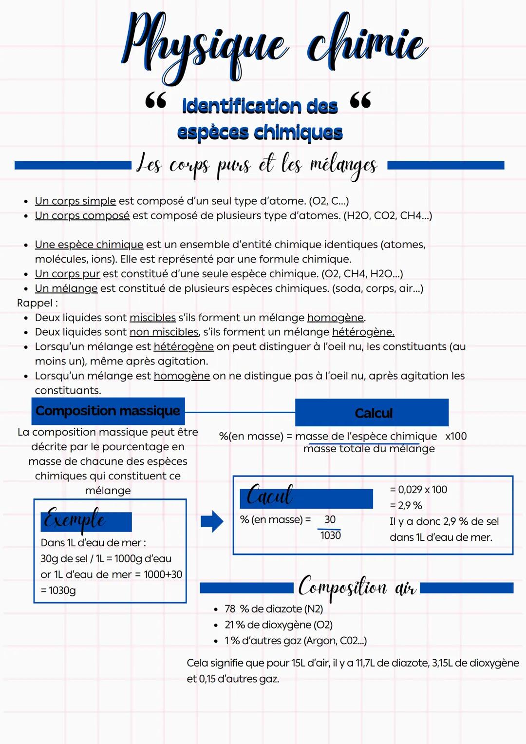 Physique chimie
66 Identification des 66
espèces chimiques
Les
corps purs
et les mélanges
•
Un corps simple est composé d'un seul type d'ato