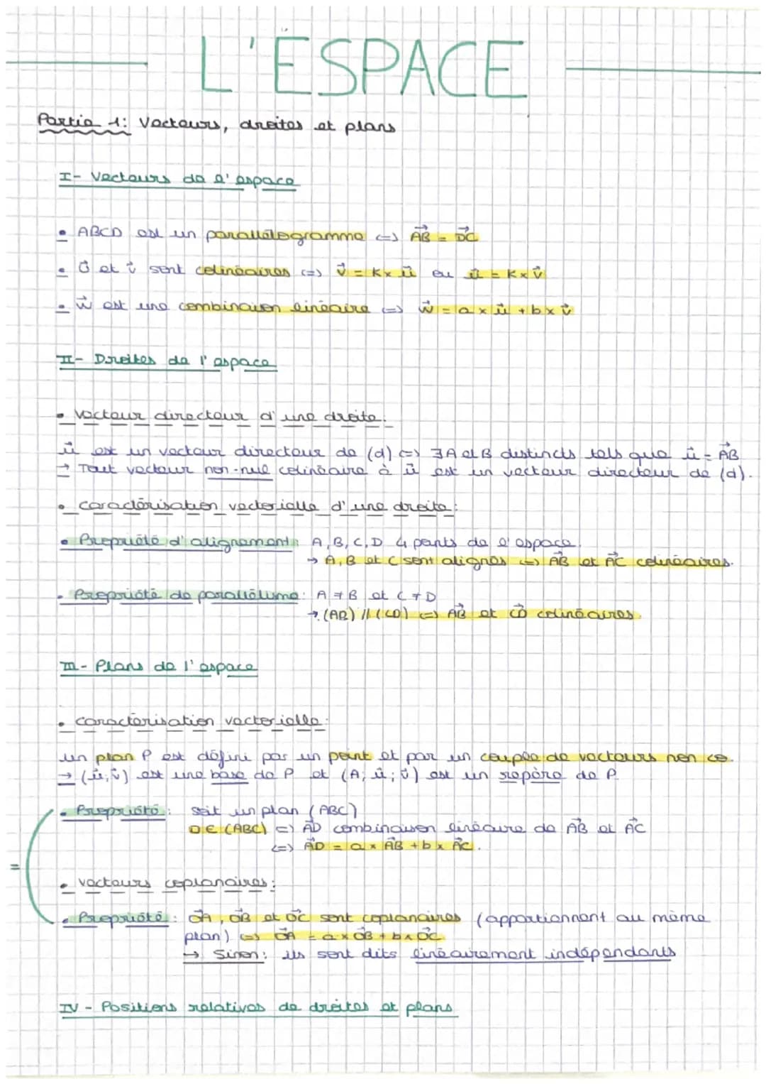 L'ESPACE
Partie 1: Vocteurs, droites et plans.
I- Vecteurs de l'espace
• ABCD est un parallelogramme <-> AB = DC
O et i sent colinéaires <=>