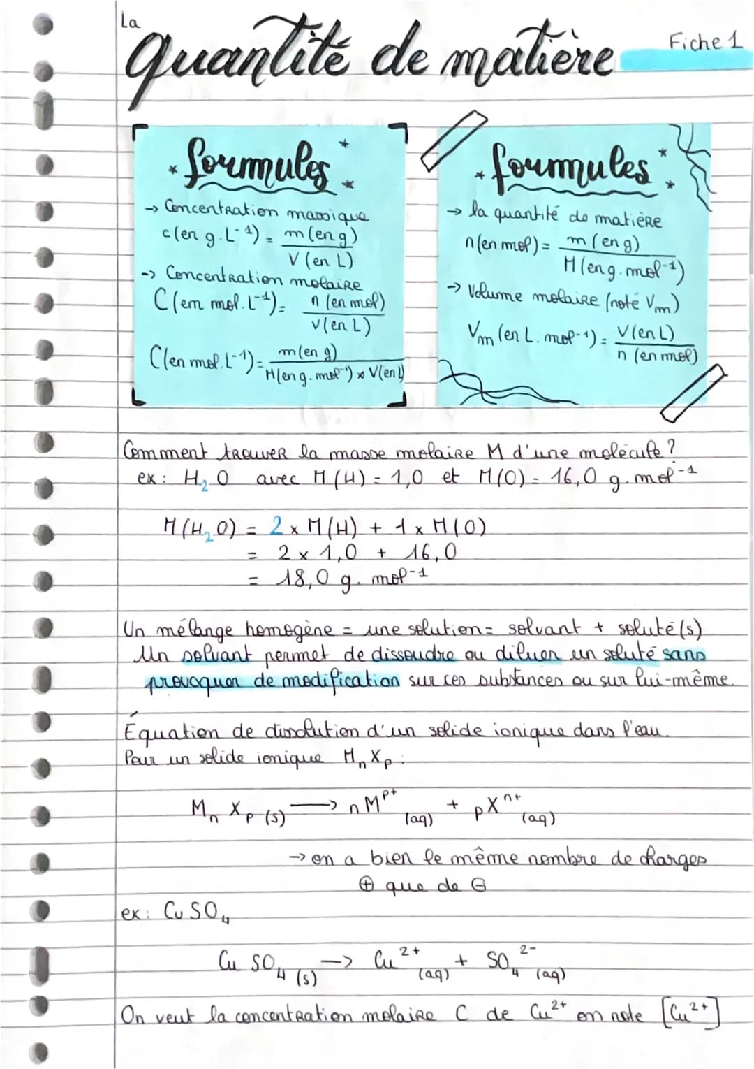 quantité de matière
formules
-> Concentration massique
c(en g.L-¹)= m (eng)
V (en L)
La
*
-> Concentration molaire
C (em mol. L-¹)= n (en mo