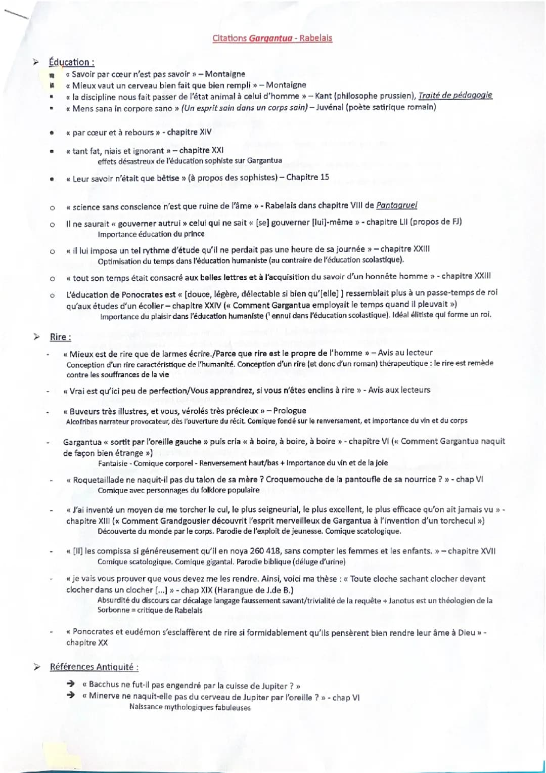 ⚠️Bac Français : Citations importantes Gargantua - Rabelais 