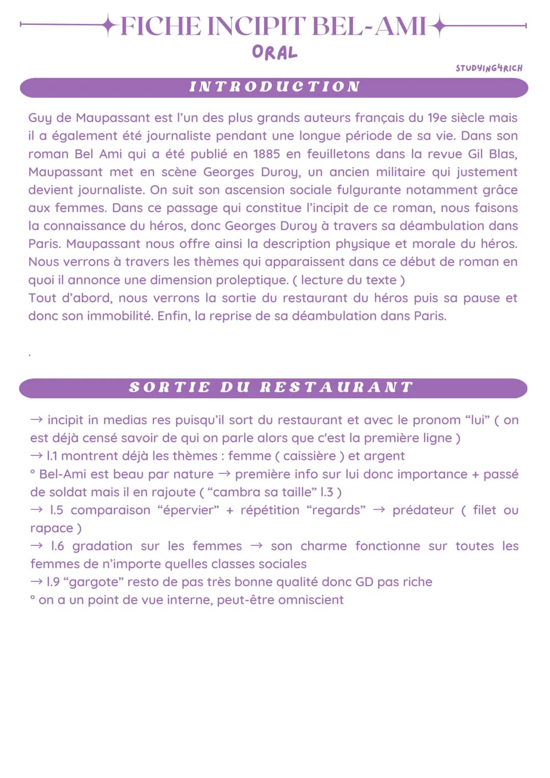 FICHE INCIPIT BEL-AMI
ORAL
STUDYING4RICH
INTRODUCTION
Guy de Maupassant est l'un des plus grands auteurs français du 19e siècle mais
il a ég
