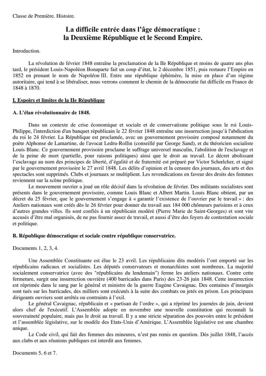 Classe de Première. Histoire.
Introduction.
La difficile entrée dans l'âge démocratique :
la Deuxième République et le Second Empire.
La rév