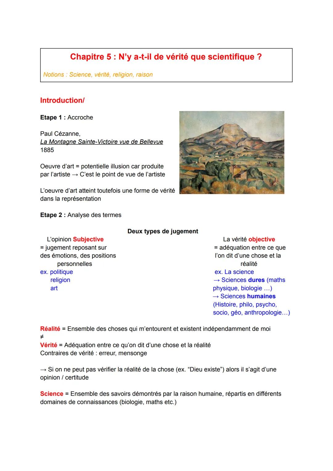 Chapitre 5: N'y a-t-il de vérité que scientifique ?
Notions: Science, vérité, religion, raison
Introduction/
Etape 1 Accroche
Paul Cézanne,
