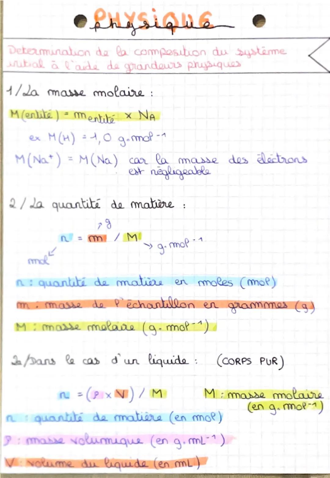 Physique
Determination de la composition du système
initial à l'aide de grandeurs physiques
1/2a masse molaire:
M(entité) - mentité × NA.
M(