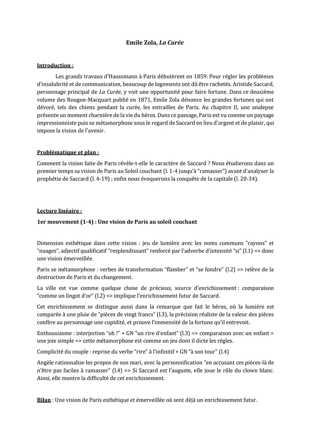 Emile Zola, La Curée
Introduction :
Les grands travaux d'Haussmann à Paris débutèrent en 1859. Pour régler les problèmes
d'insalubrité et de