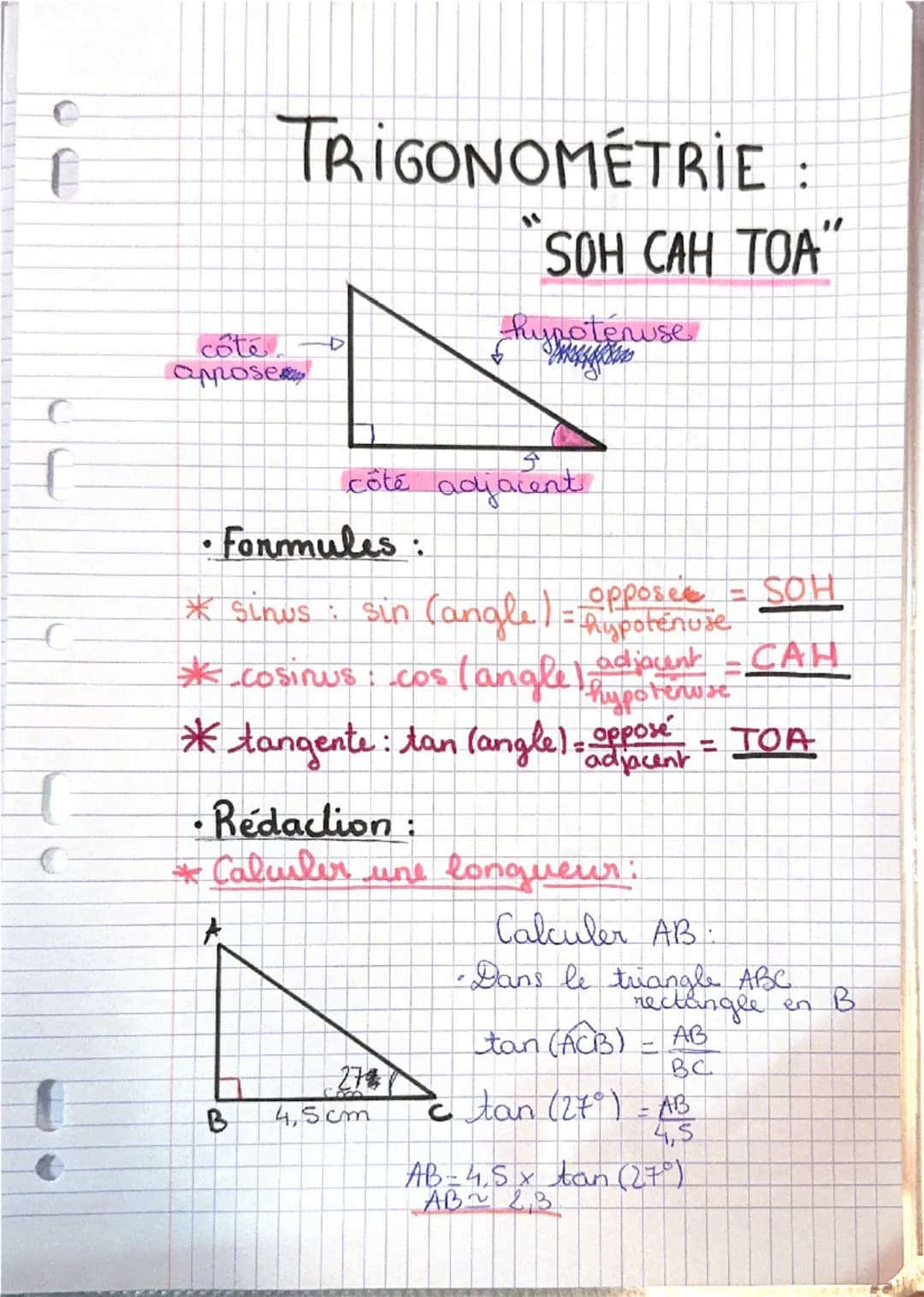 C
1
{
C
côté
appose
TRIGONOMETRIE :
SOH CAH TOA"
hypotenuse
5
côté adjacent
• Formules:
* sinus: sin (angle) = hypotenuse
= opposes = SOH
ad