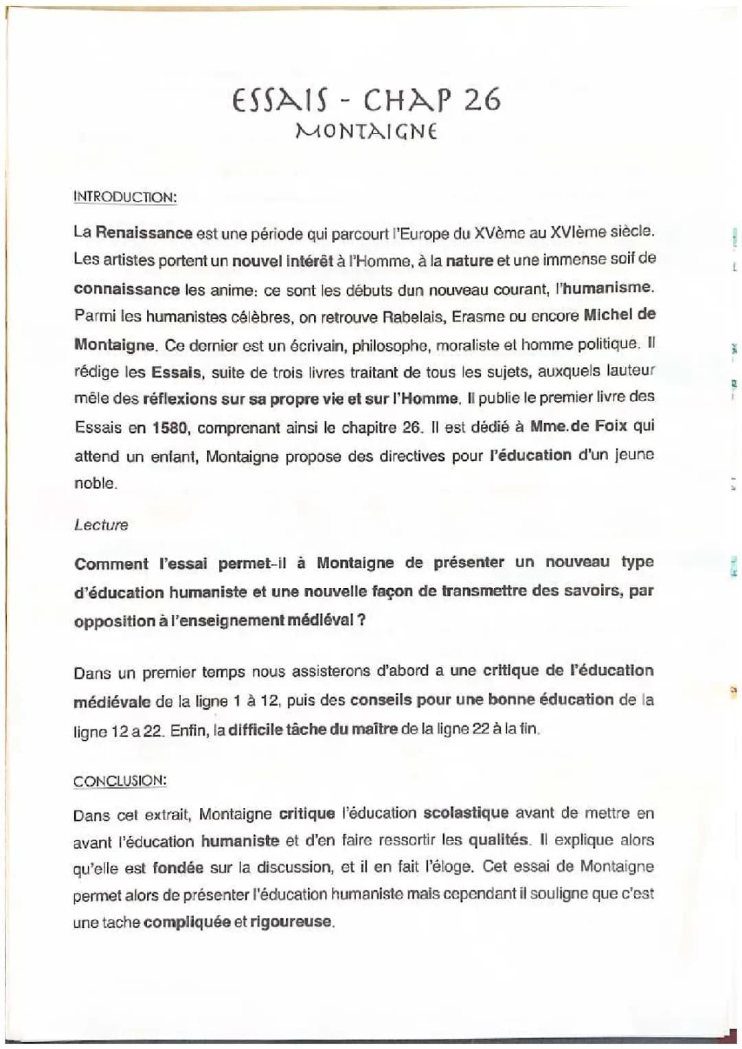 ANALYSE LINÉAIRE ESSAIS DE MONTAIGNE 