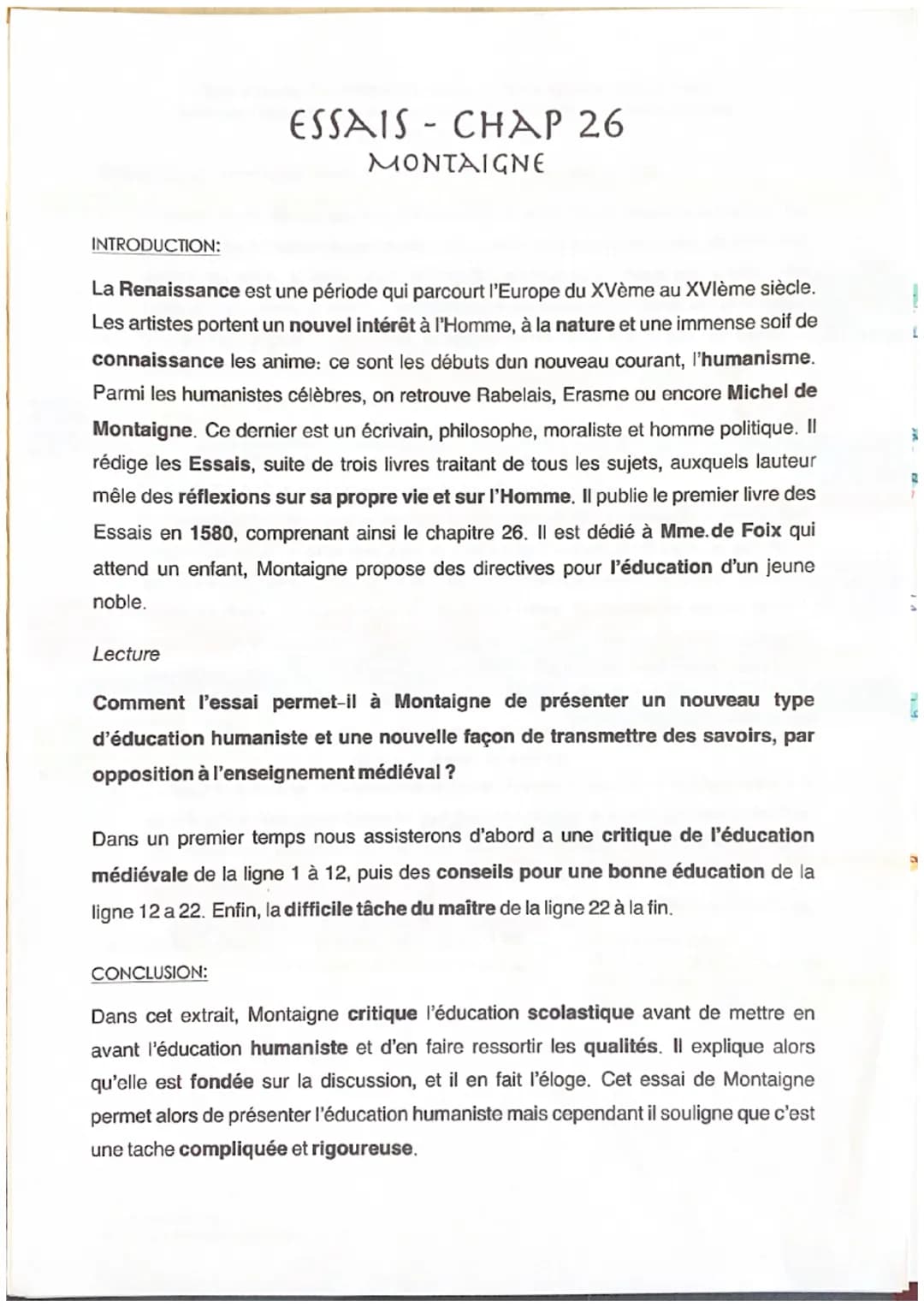 INTRODUCTION:
ESSAIS CHAP 26
MONTAIGNE
La Renaissance est une période qui parcourt l'Europe du XVème au XVIème siècle.
Les artistes portent 