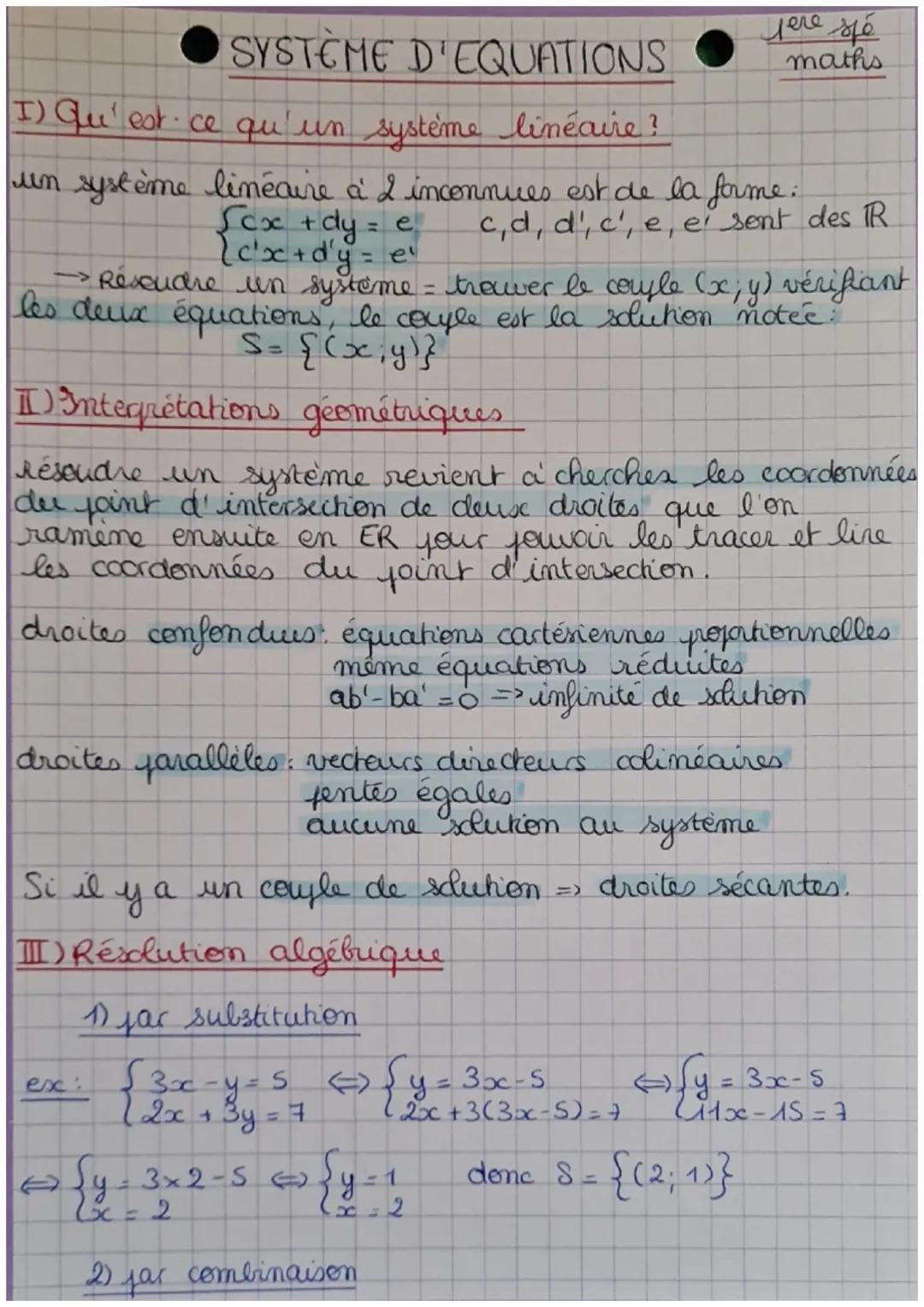 SYSTÈME D'EQUATIONS
I) Qu'est ce qu'un système linéaire ?
Леге же
un système linéaire à 2 inconnues est de la forme:
Scx + dy = e
[cx+dy = e
