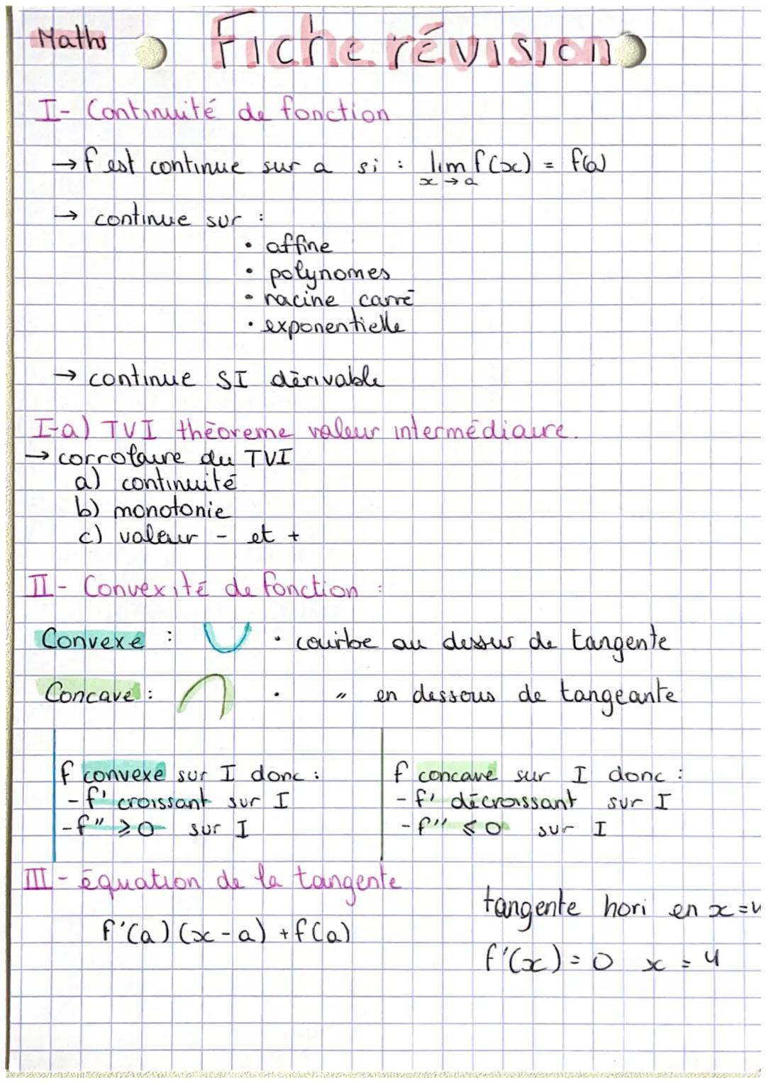 Maths) Ficre révision)

I- Continuité de fonction
→fest continue sur a si: $\lim_{x \to a} f(x) = f(a)$
→ continue sur :
*   affine
*   poly