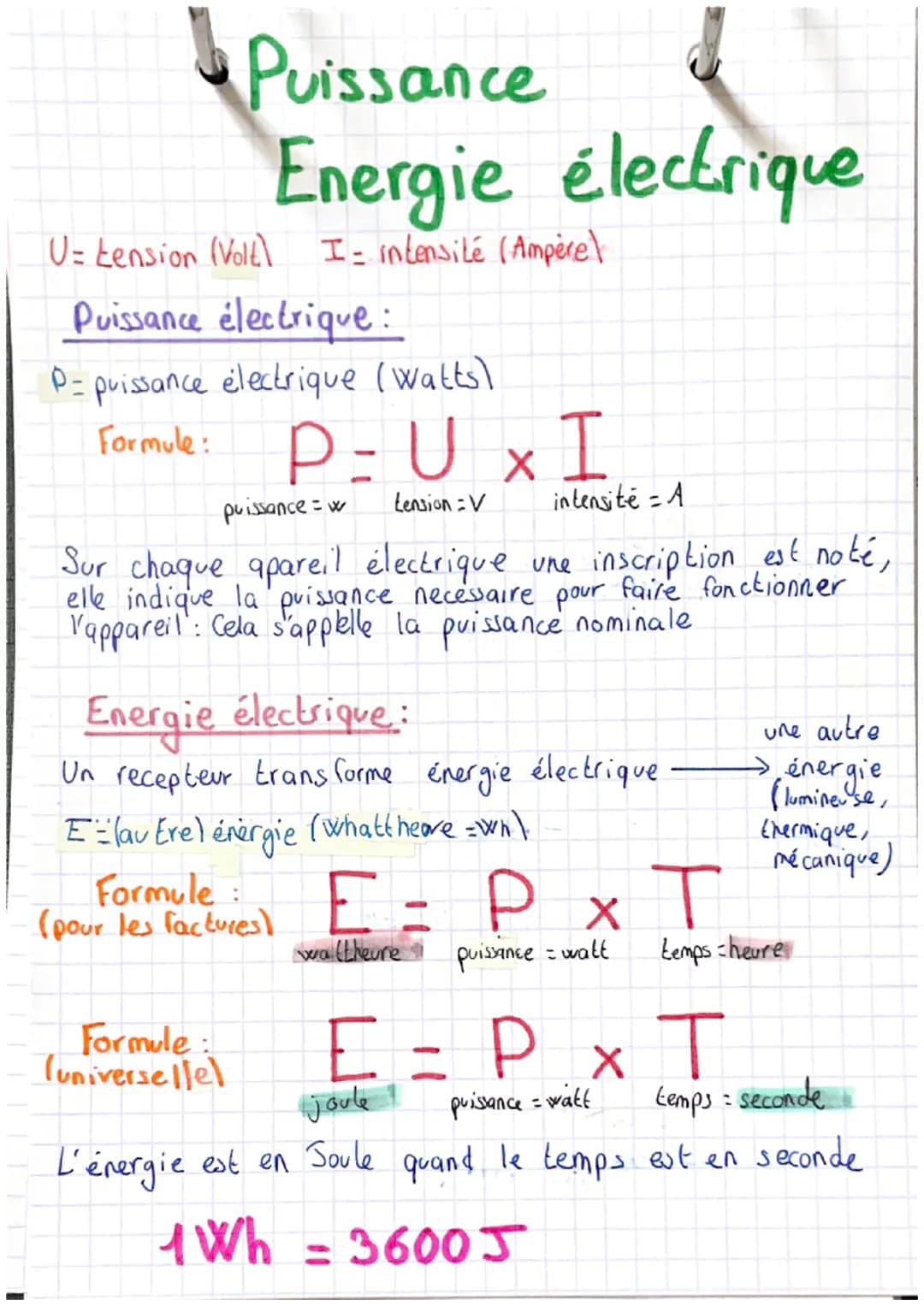 Puissance
Energie électrique
U= tension (Volt) I= intensité (Ampère)
Puissance électrique:
P= puissance électrique (watts)
Formule:
puissanc