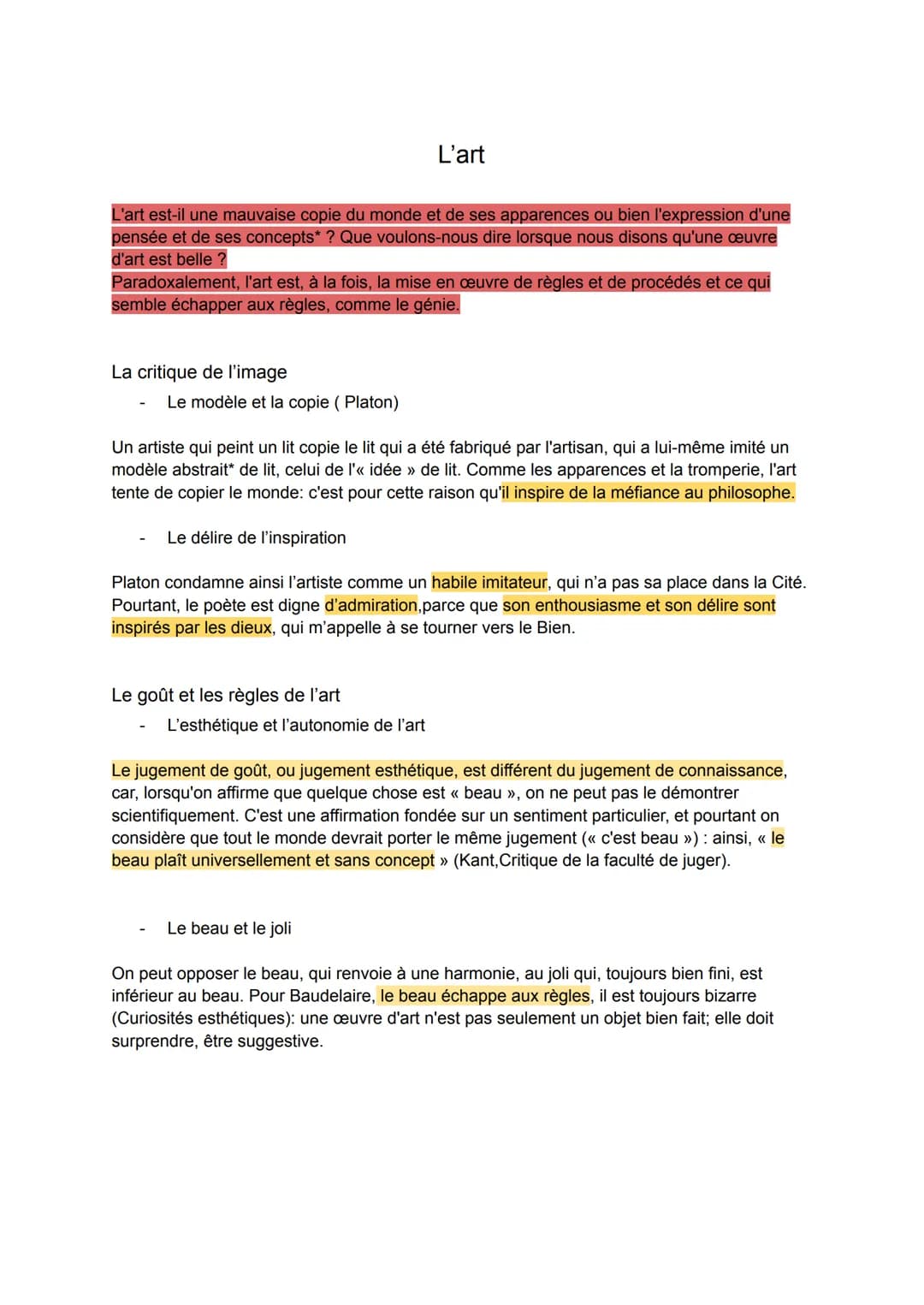 L'art est-il une mauvaise copie du monde et de ses apparences ou bien l'expression d'une
pensée et de ses concepts* ? Que voulons-nous dire 