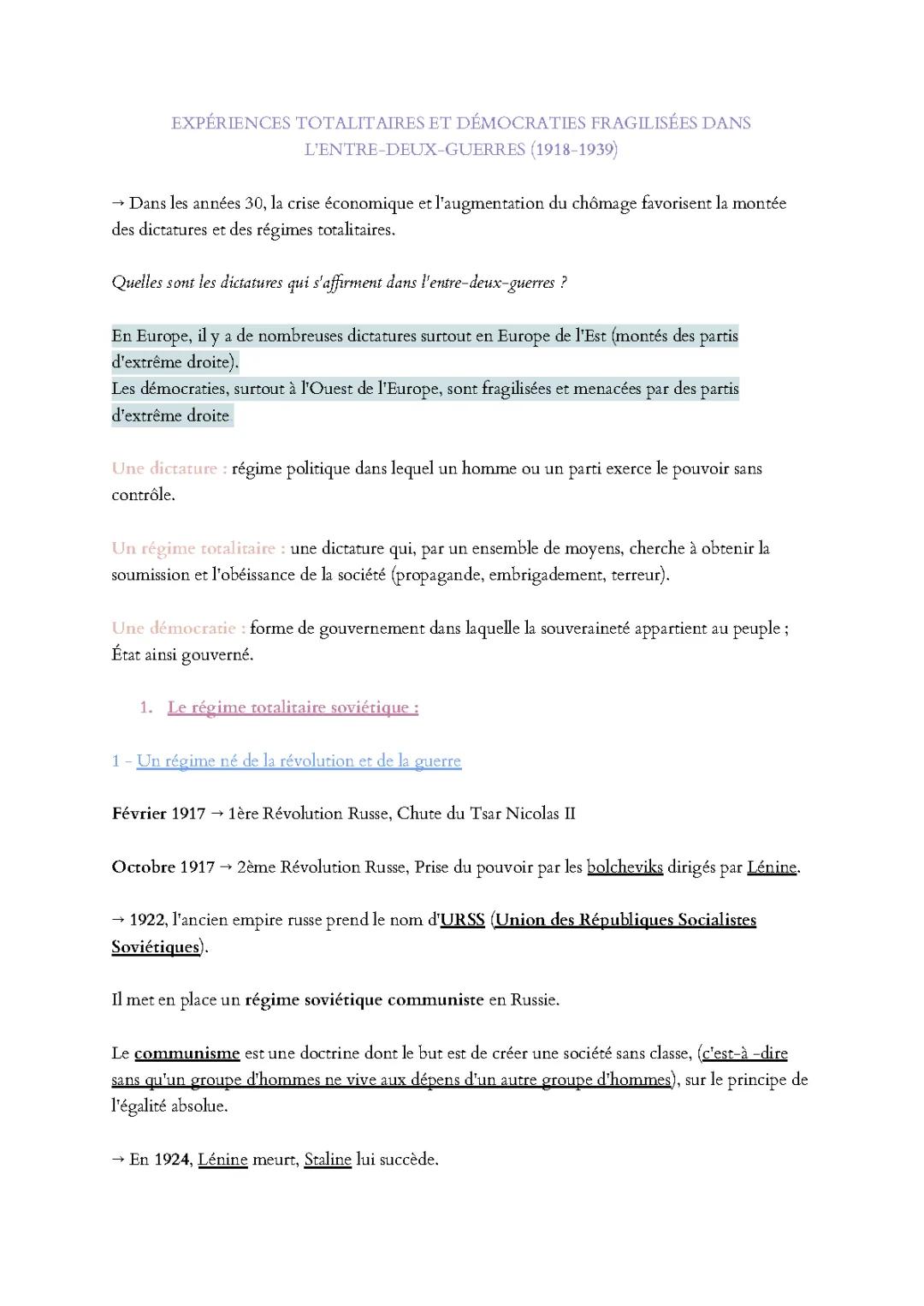 Cours Histoire 3ème: Démocraties fragilisées et expériences totalitaires (1919-1939)