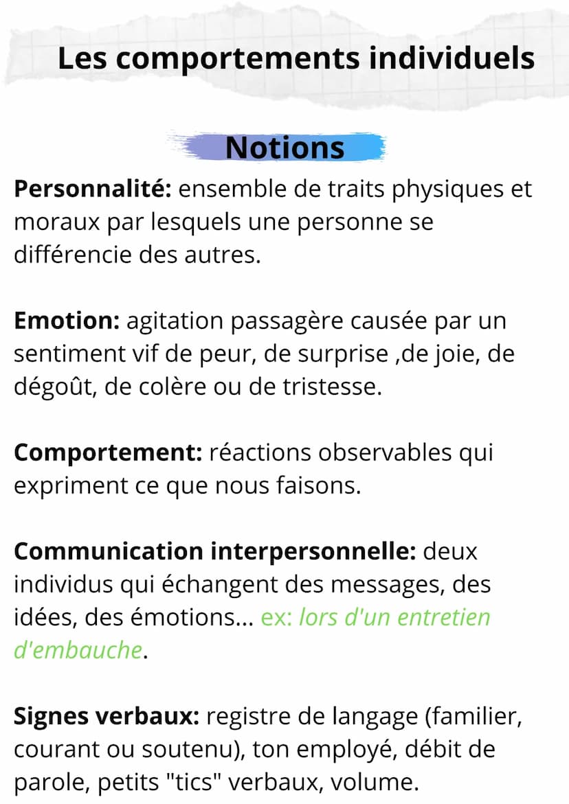 Sciences de Gestion et du
Numérique
Notions et Formules Les comportements individuels
Notions
Personnalité: ensemble de traits physiques et
