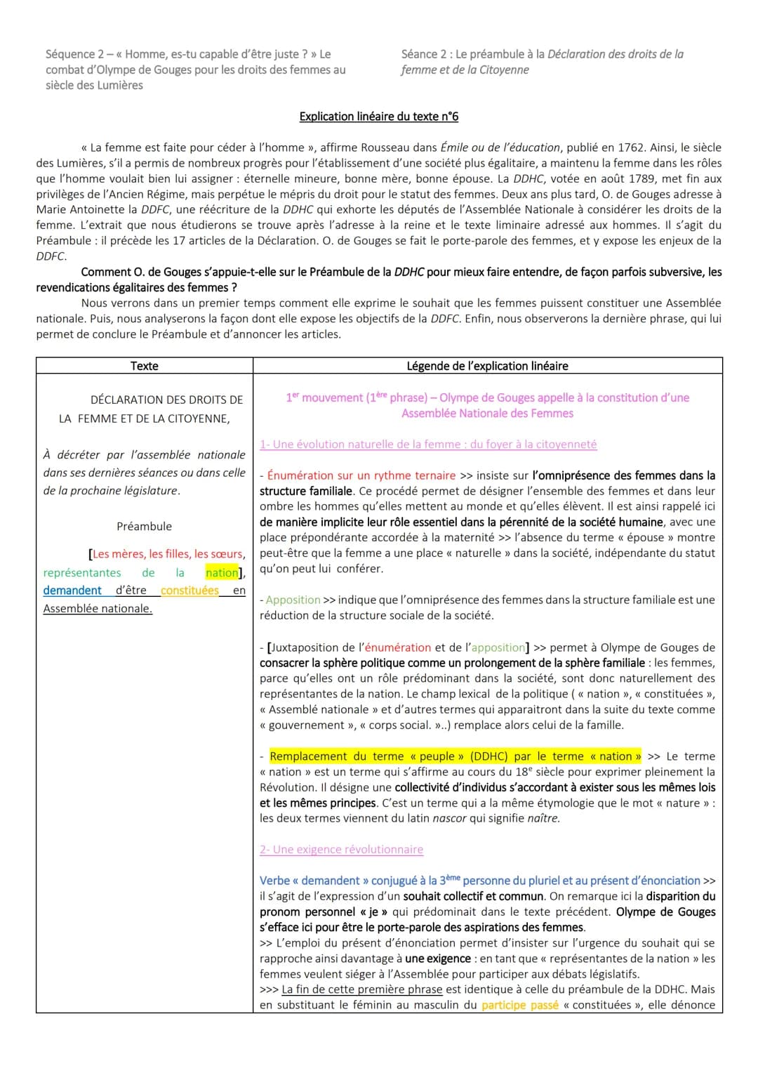 Séquence 2 - << Homme, es-tu capable d'être juste ? » Le
combat d'Olympe de Gouges pour les droits des femmes au
siècle des Lumières
Explica