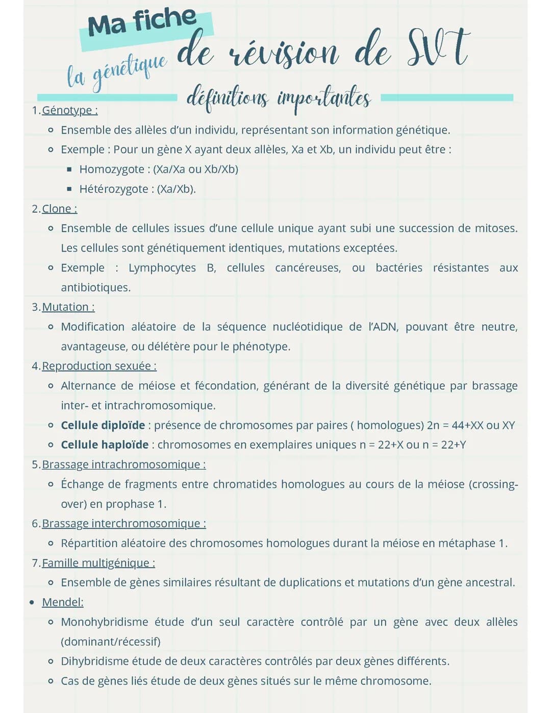 fiche de révisions sur la génétique améliorer avec ajout de mendel