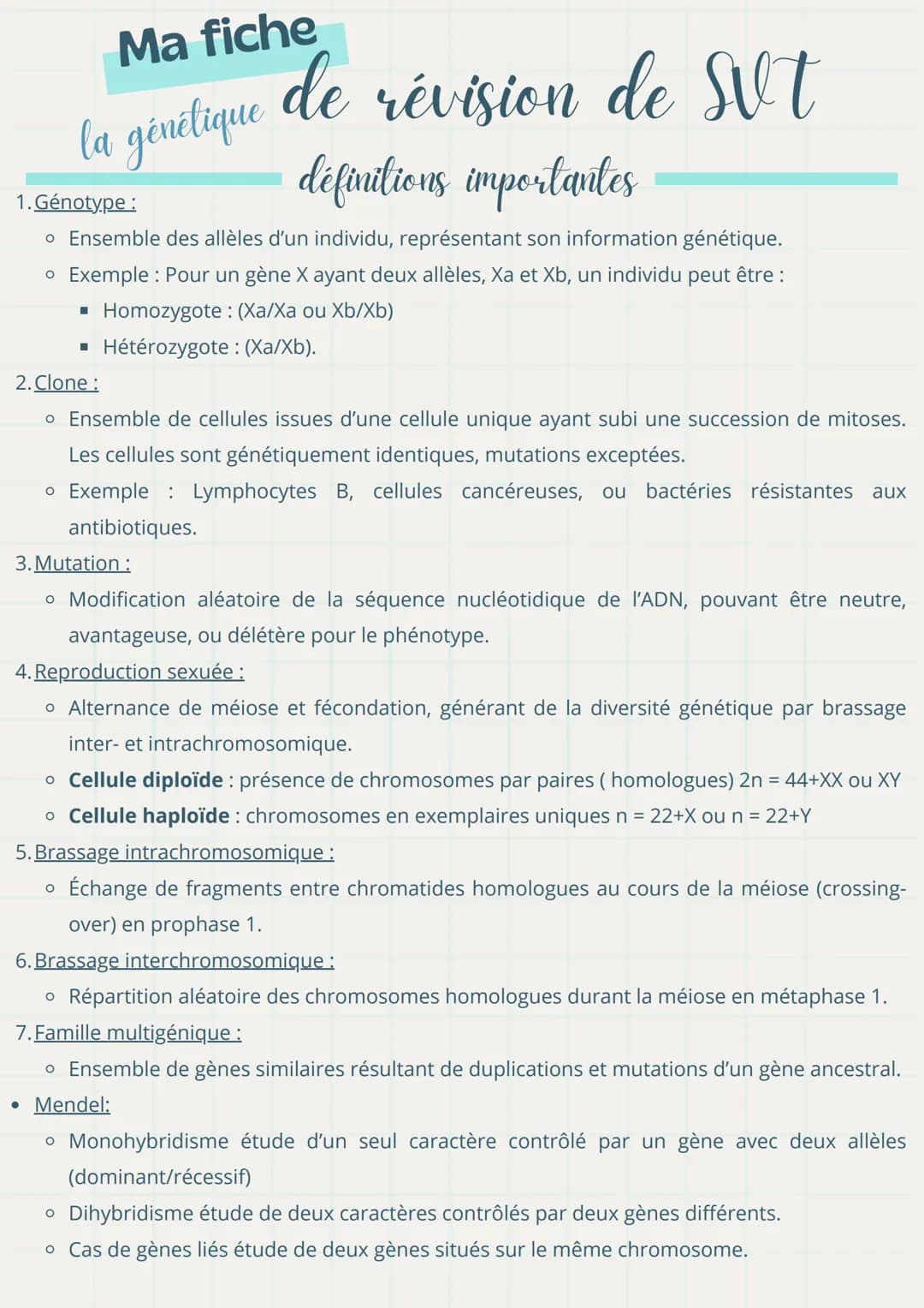 Ma fiche
la génétique
1. Génotype :
svt
de révision de Sut
définitions importantes
。 Ensemble des allèles d'un individu, représentant son in