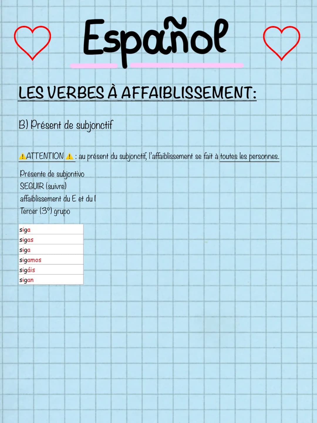 ♡ Español ♡
LES VERBES À AFFAIBLISSEMENT:
B) Présent de subjonctif
! ATTENTION ! : au présent du subjonctif, l'affaiblissement se fait à tou