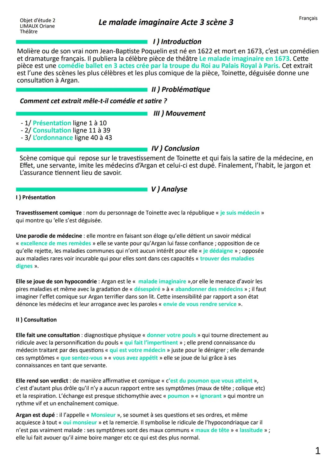 Objet d'étude 2
LIMAUX Oriane
Théâtre
Le malade imaginaire Acte 3 scène 3
1) Introduction
Molière ou de son vrai nom Jean-Baptiste Poquelin 