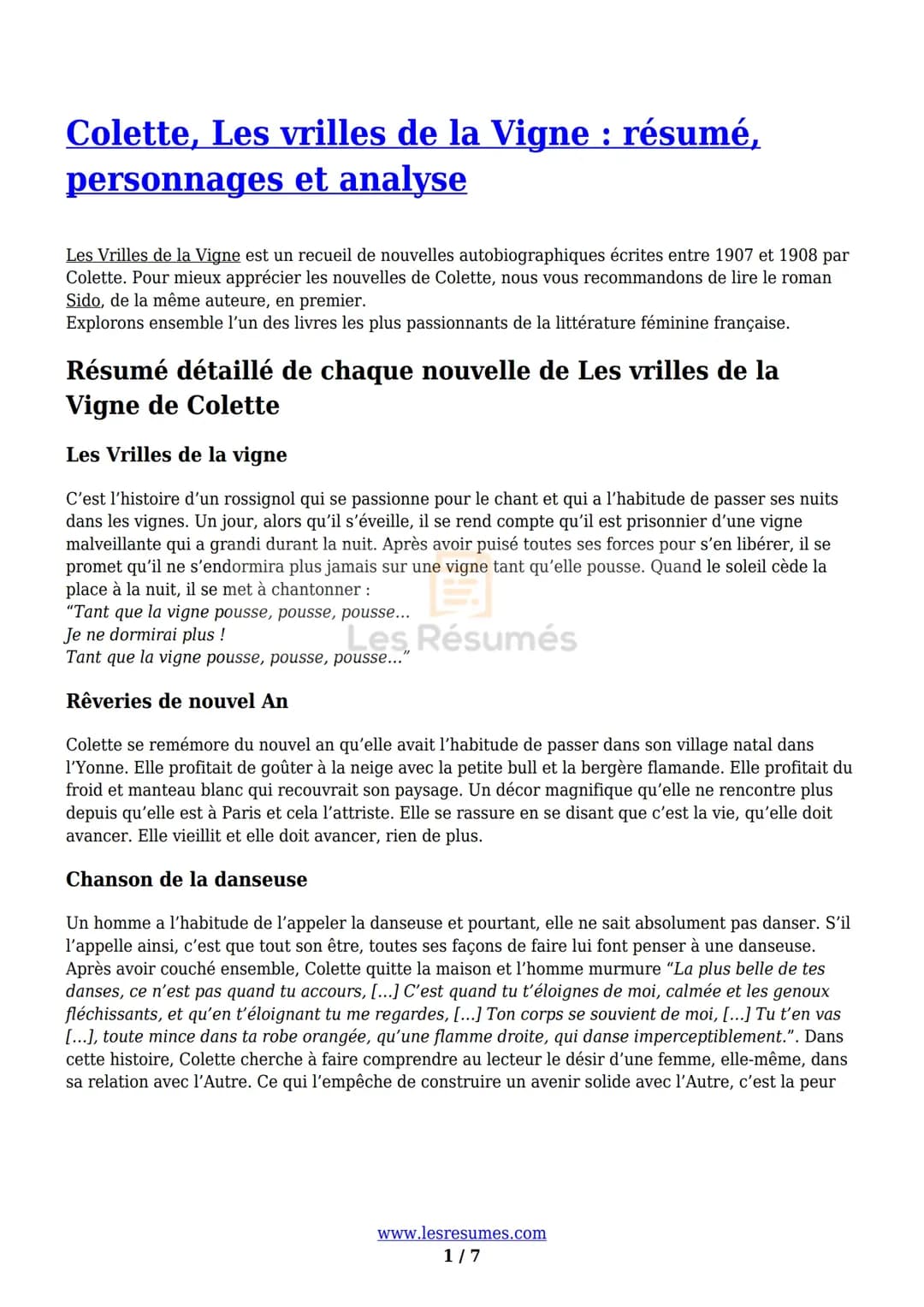Sido et Les Vrilles de la Vigne : Résumé par Chapitre et Nouvelle