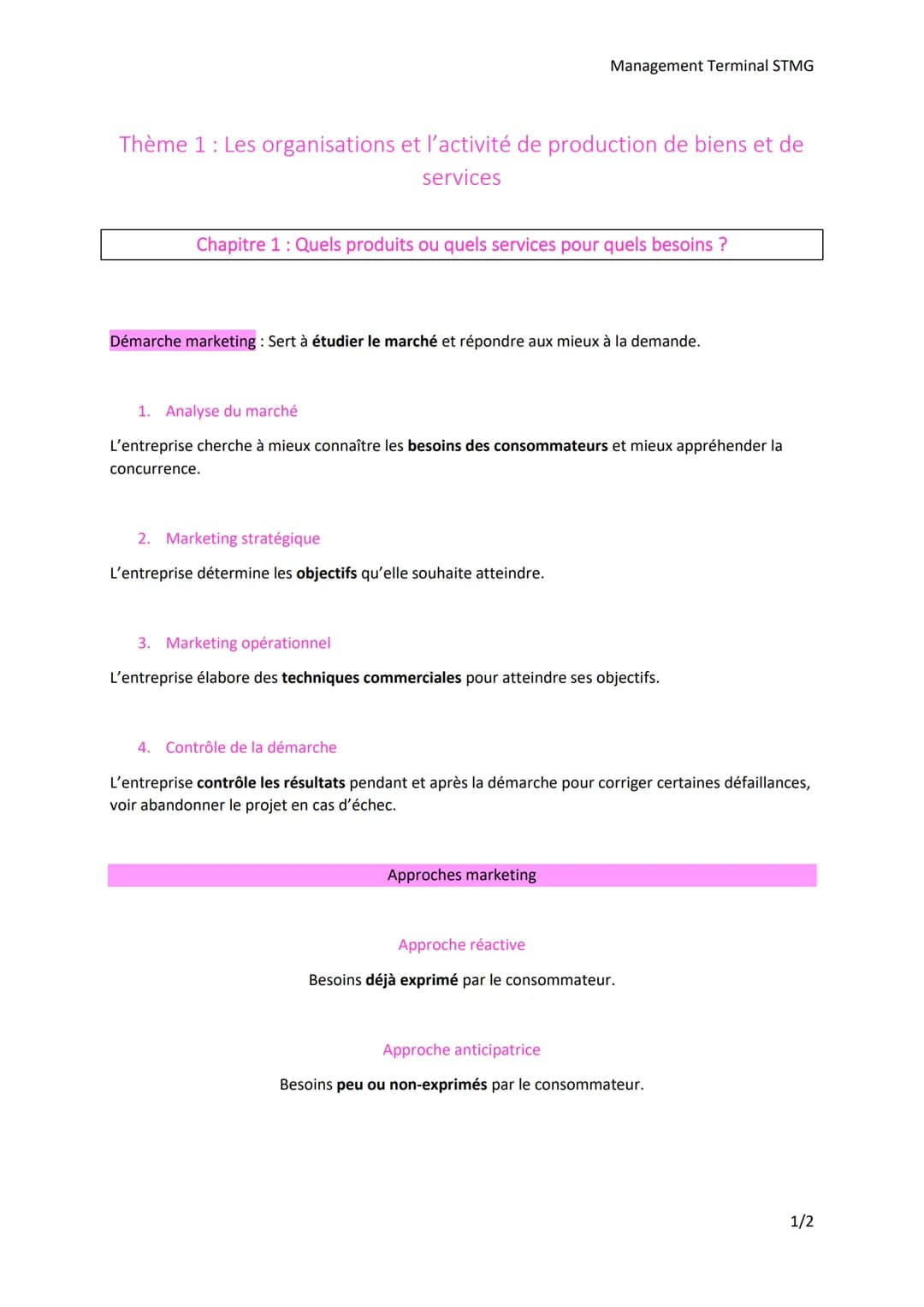 Thème 1: Les organisations et l'activité de production de biens et de
services
Management Terminal STMG
Chapitre 1 : Quels produits ou quels