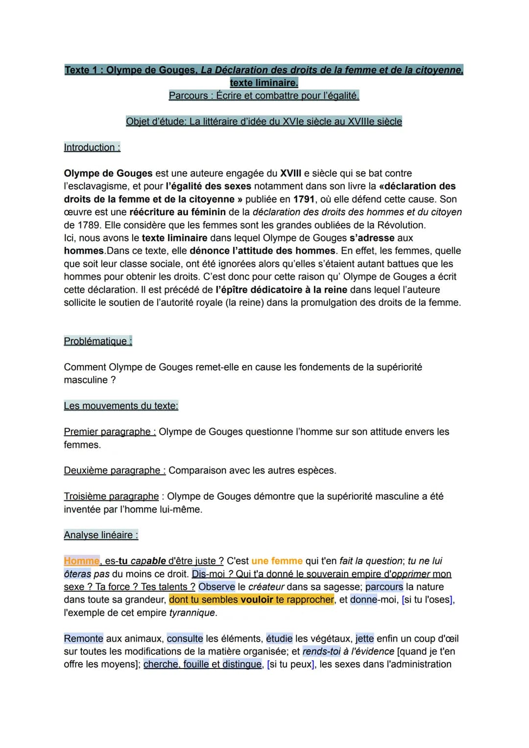Texte 1: Olympe de Gouges, La Déclaration des droits de la femme et de la citoyenne,
texte liminaire.
Parcours : Écrire et combattre pour l'