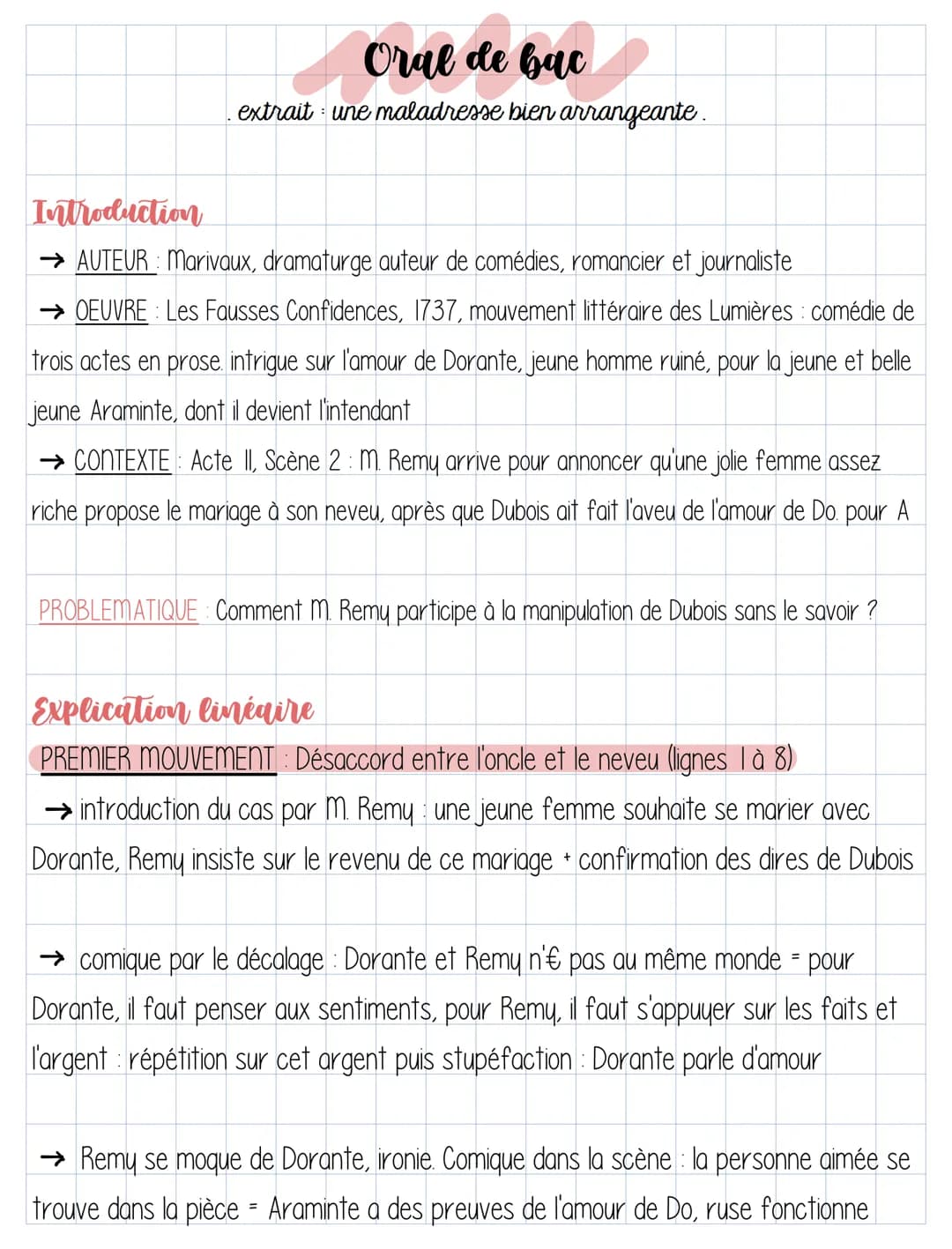Oral de bac
extrait une maladresse bien arrangeante.
Introduction
→ AUTEUR : Marivaux, dramaturge auteur de comédies, romancier et journalis