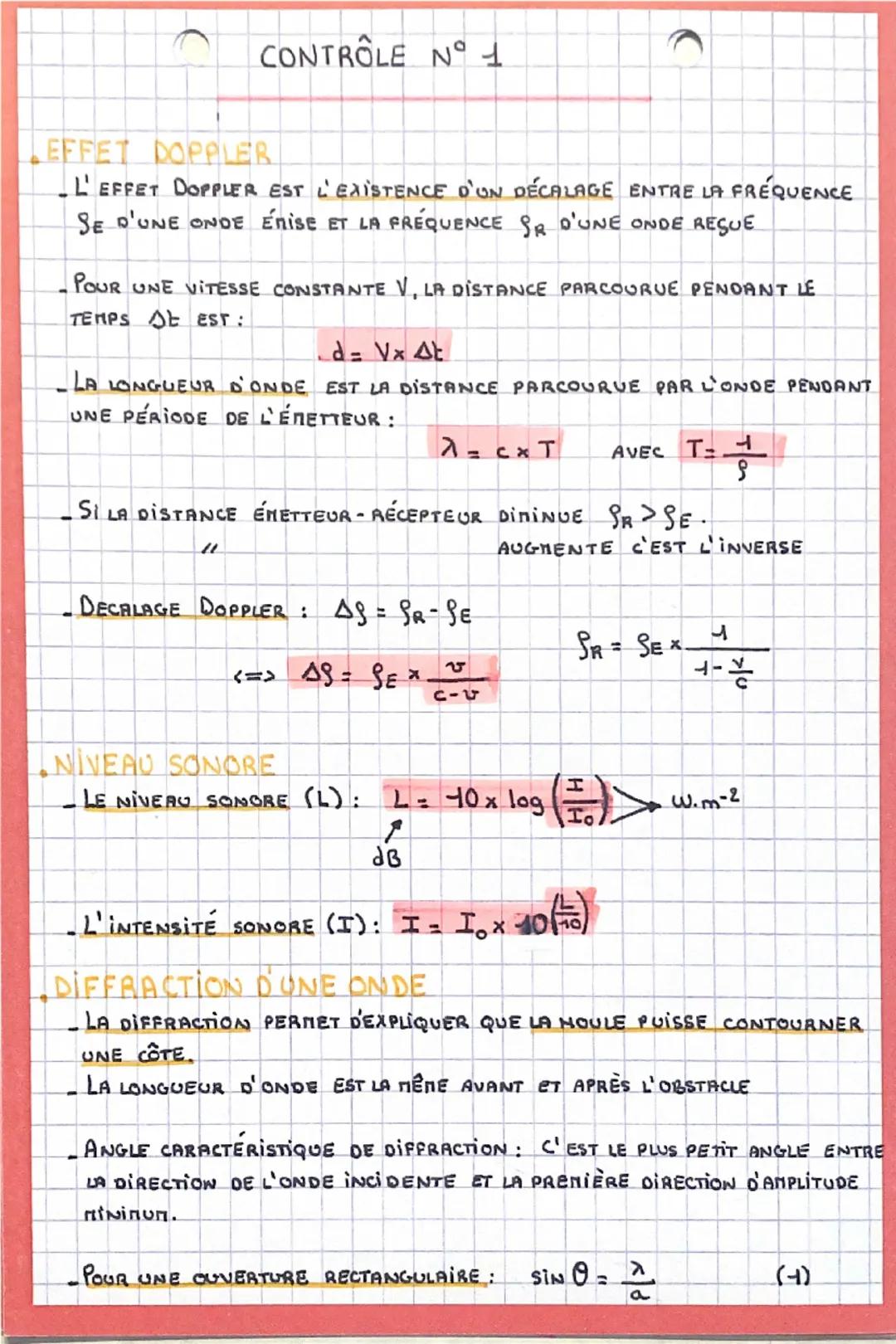 # CONTRÔLE N°1

- EFFET DOPPLER

- L'EFFET DOPPLER EST L'EXISTENCE D'UN DÉCALAGE ENTRE LA FRÉQUENCE
SE D'UNE ONDE ÉNISE ET LA FRÉQUENCE OR D