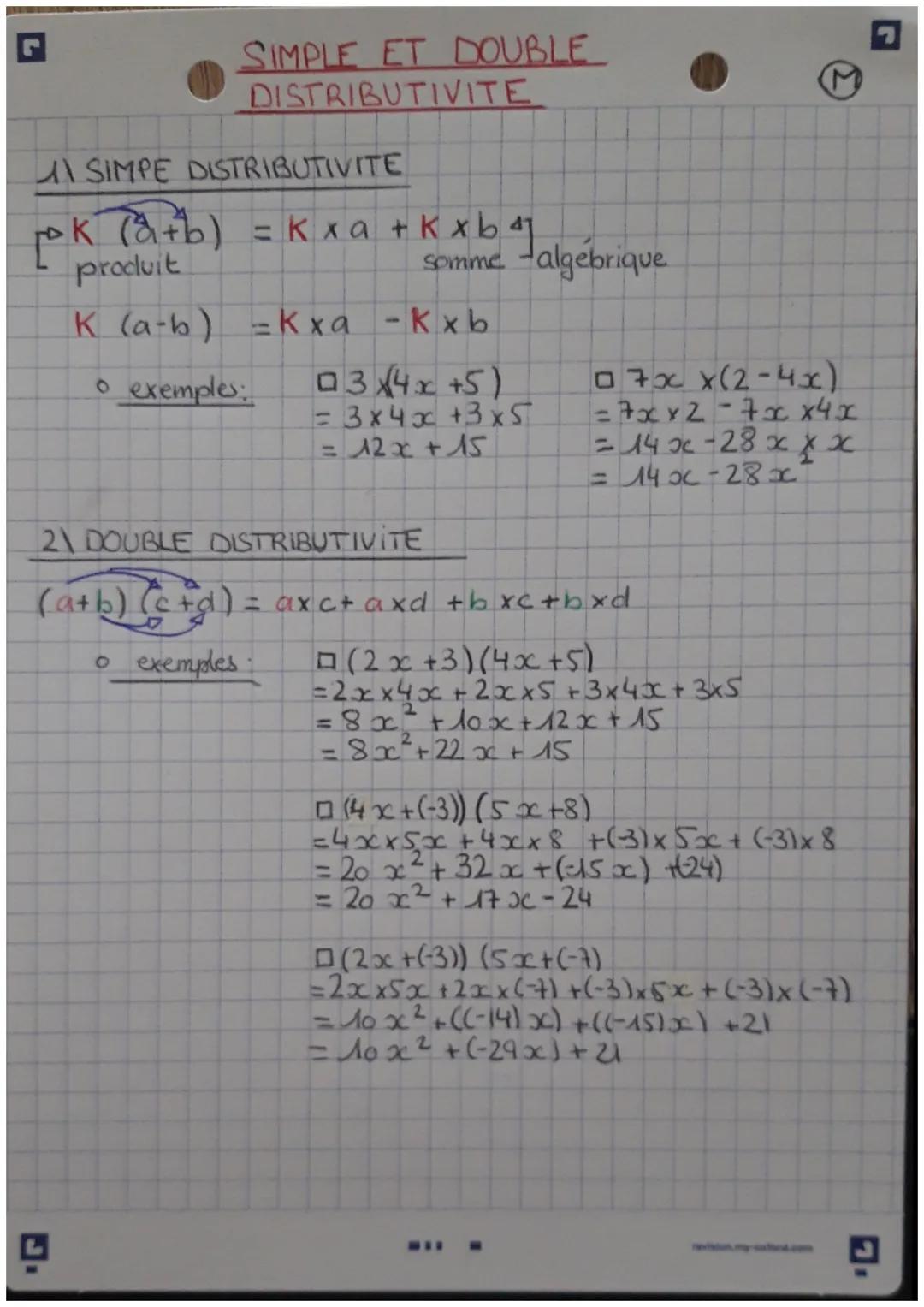 L
SIMPLE ET DOUBLE
DISTRIBUTIVITE
SIMPE DISTRIBUTIVITE
pok (a+b) = k xa + Kxb 4]
produit
L
somme -algebrique
K (a-b) - Kxa -kxb
。 exemples:
