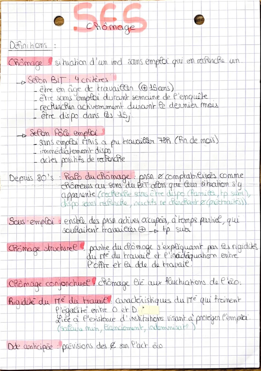 Definitions:
SES
Chomage
Chômage situation d'un ind sans emploi qui en recherche un
4
+
•
• Sefon Bit 4 critères
être en age de travaillon (
