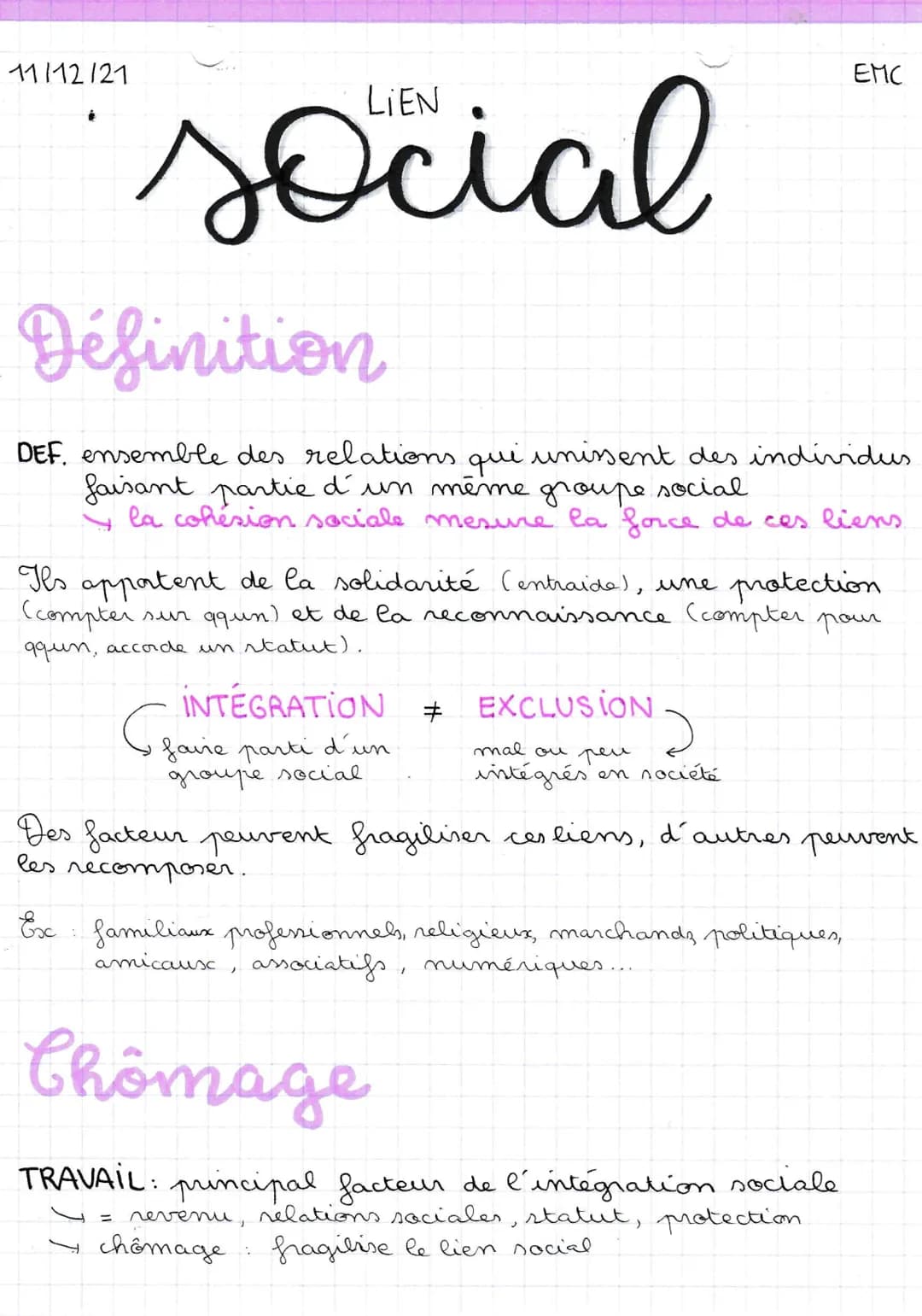 11/12/21
social
Définition
DEF. ensemble des relations qui unissent des individus
faisant partie d'un même groupe social
la cohésion sociale