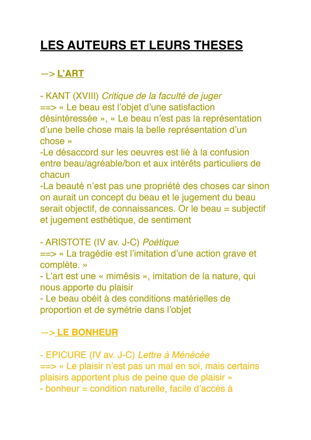 LES AUTEURS ET LEURS THESES
-> L'ART
- KANT (XVIII) Critique de la faculté de juger
==>«< Le beau est l'objet d'une satisfaction
désintéress