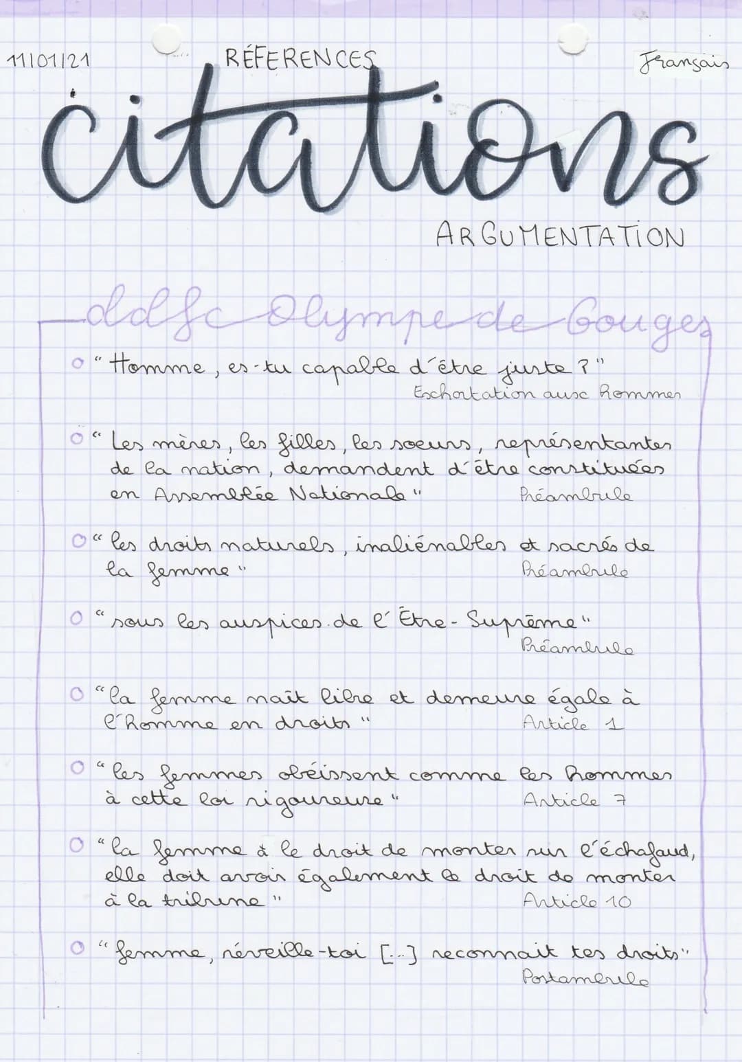REFERENCES
citations
dd fc Olympe de bouges
o" Homme, es-tu capable d'être juste ?"
O
(<
CC
ARGUMENTATION
Les mères, les filles, les sœcurs,