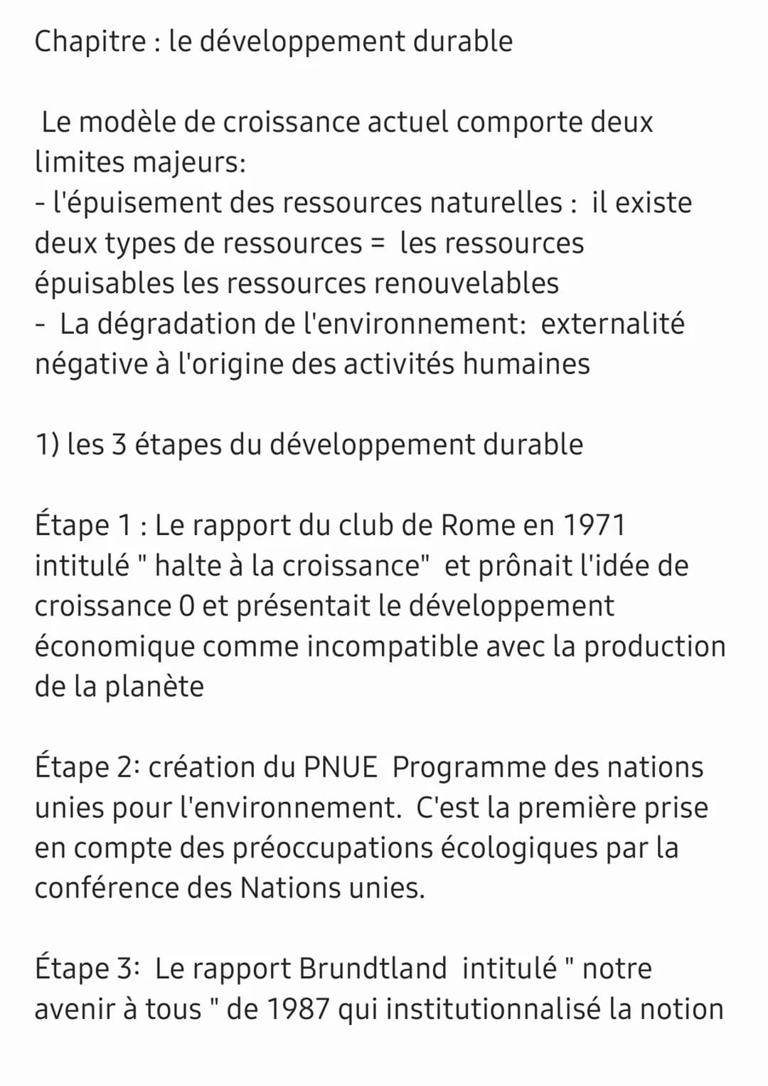 Chapitre : le développement durable
Le modèle de croissance actuel comporte deux
limites majeurs:
- l'épuisement des ressources naturelles :