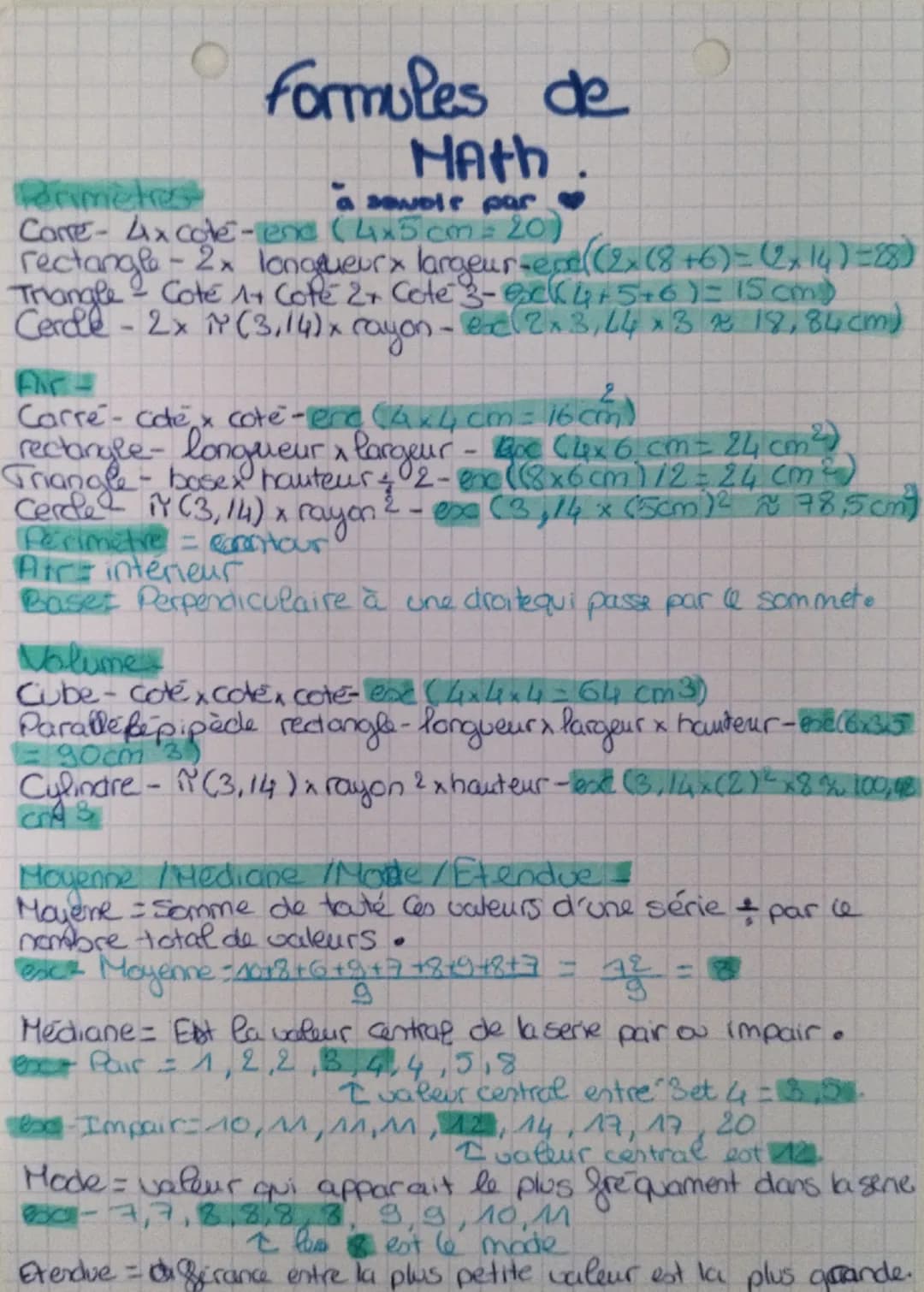 Porimetres
formules de
Math
a sowole par
Corre- 4x cote-end (4x5 cm = 20)
rectangle - 2x longueurx largeur-exe((2x (8+6)=(2,14)=28)
Trangle 