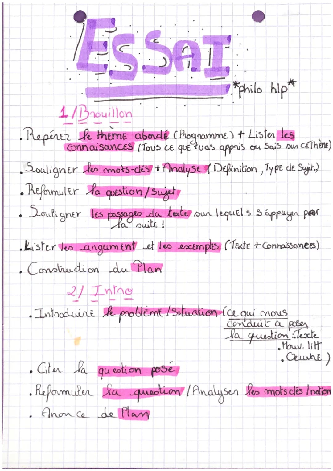 ESSAI
•* philo hlp*
1/Brouillon
• Repérer le themE abordé (Programme) + Listen les
Connaisances (Tous ce que tuas appris ou Sais sun CETHEME